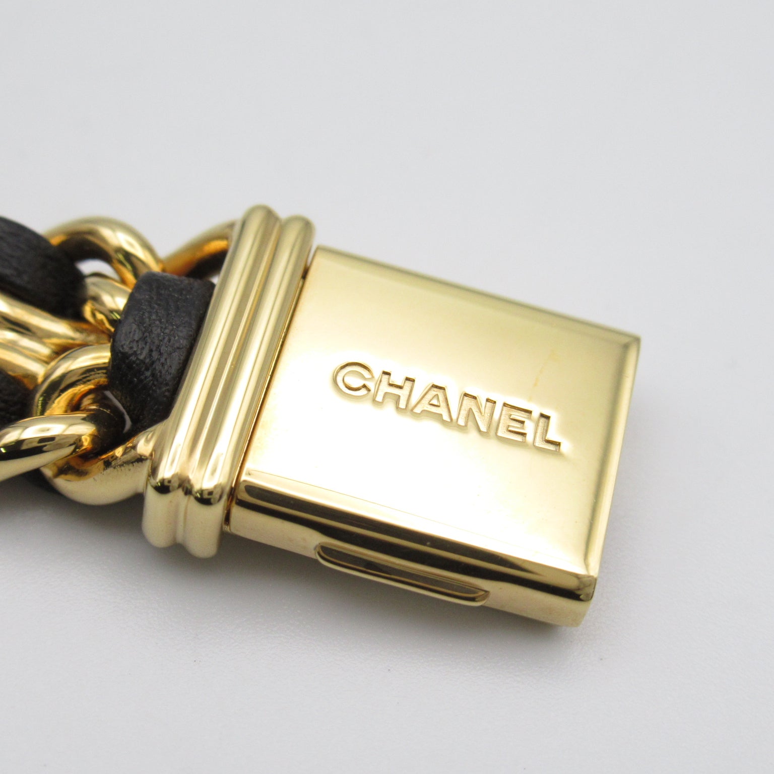 CHANEL Premiere L鍍金/皮革帶手錶石英機芯黑色
