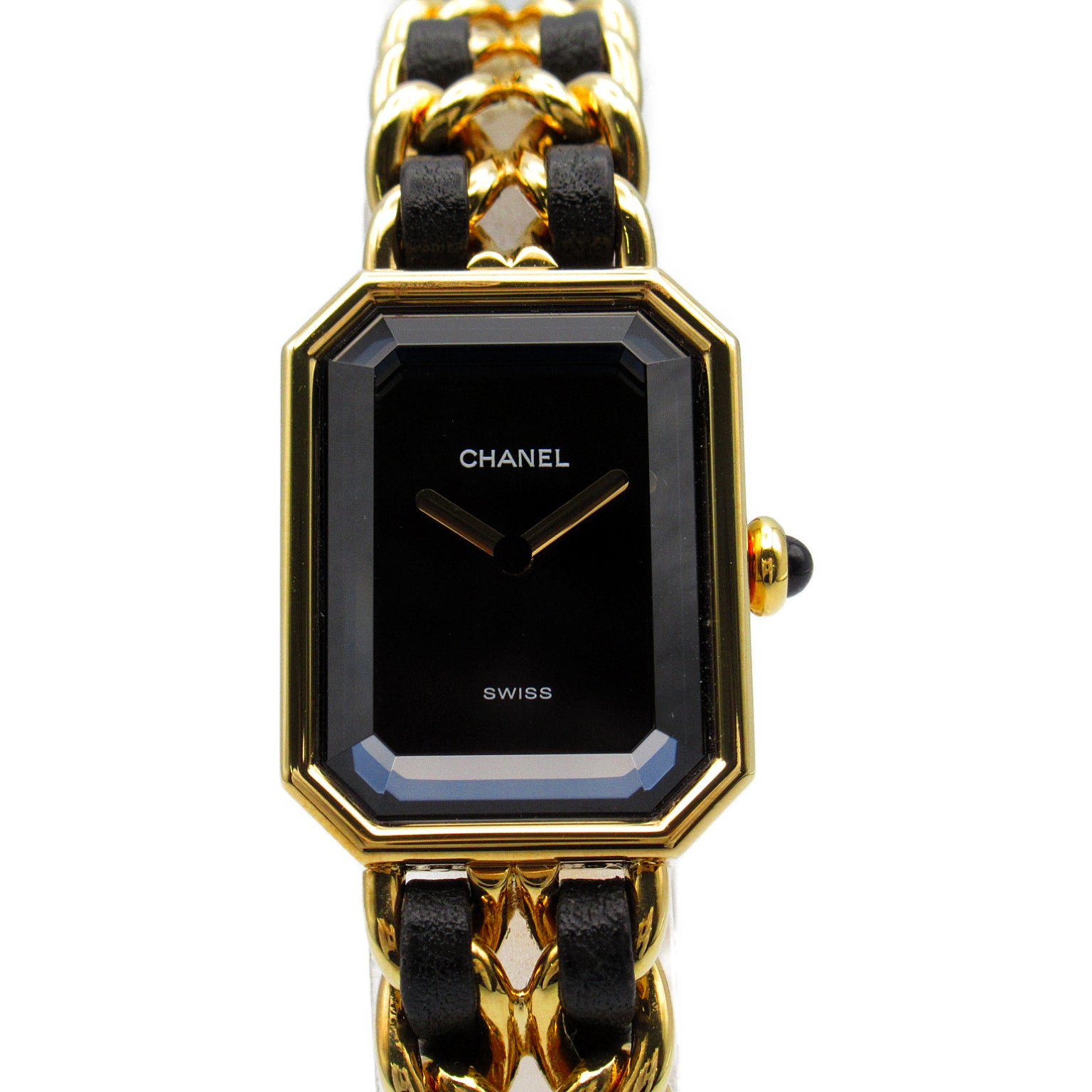 CHANEL Premiere L鍍金/皮革帶手錶石英機芯黑色