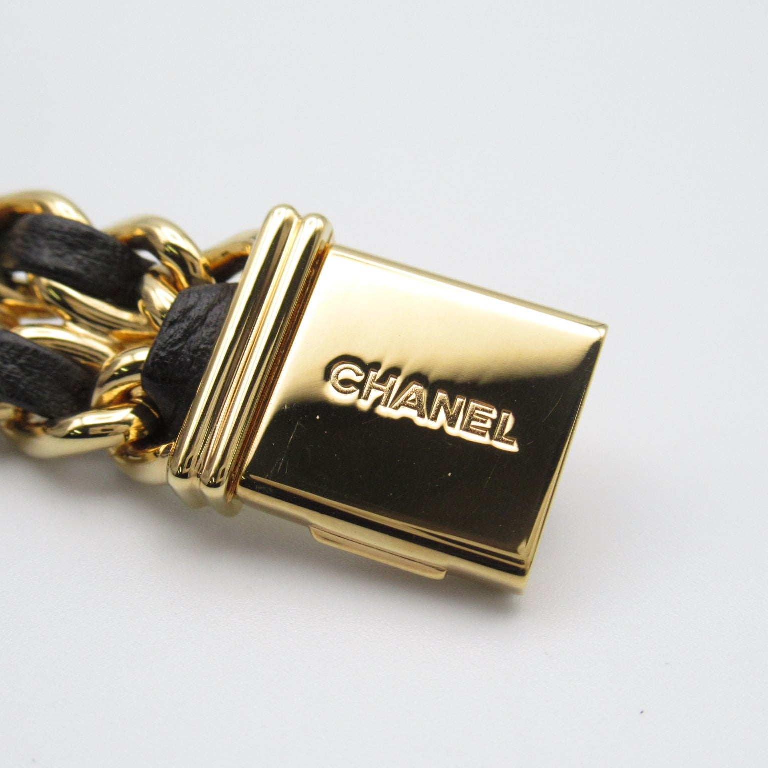 CHANEL Premiere L鍍金/皮革帶手錶石英機芯黑色