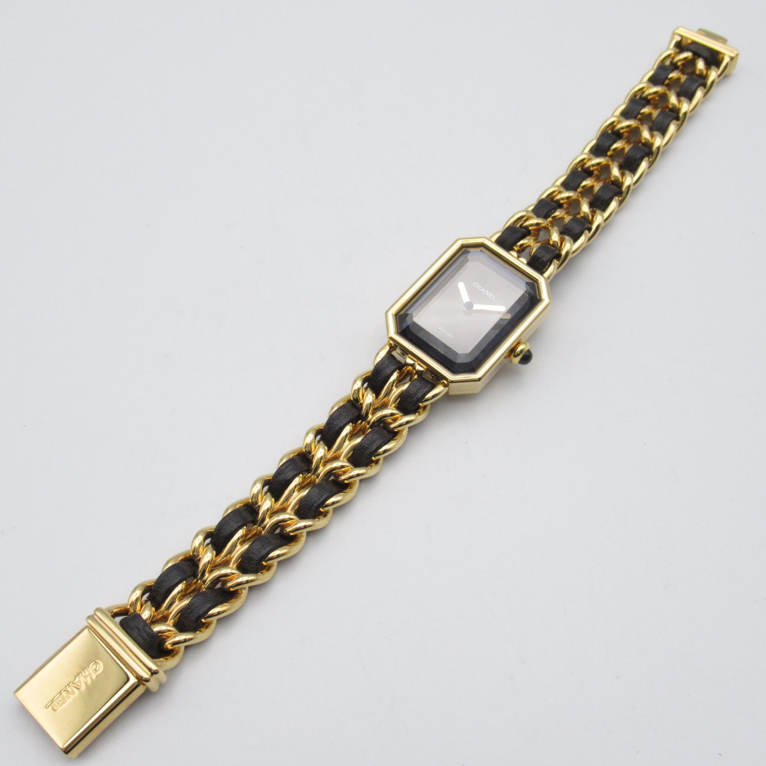 CHANEL Premiere L鍍金/皮革帶手錶石英機芯黑色