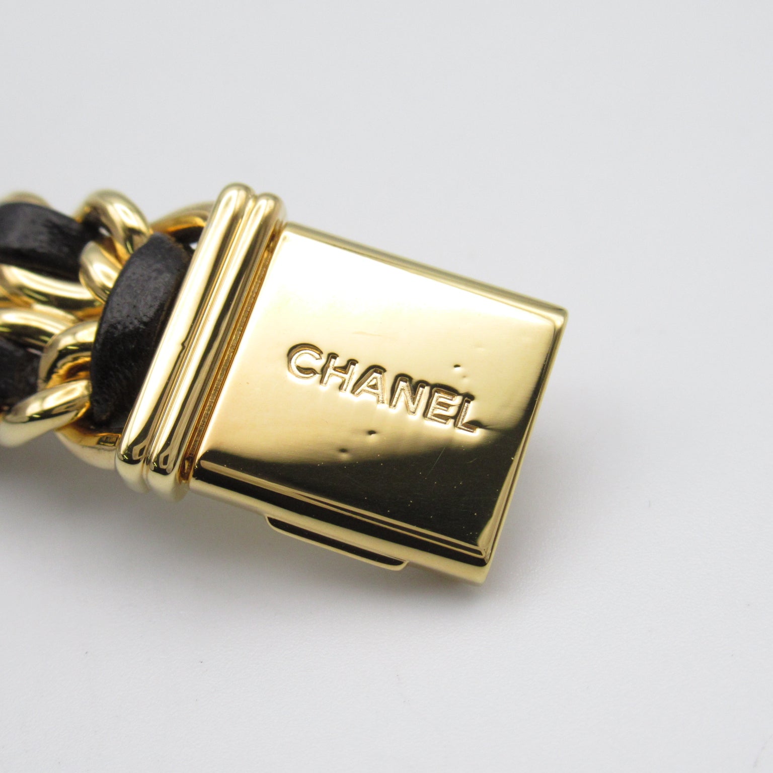 CHANEL Premiere L鍍金/皮革手錶石英機芯黑色#16cm