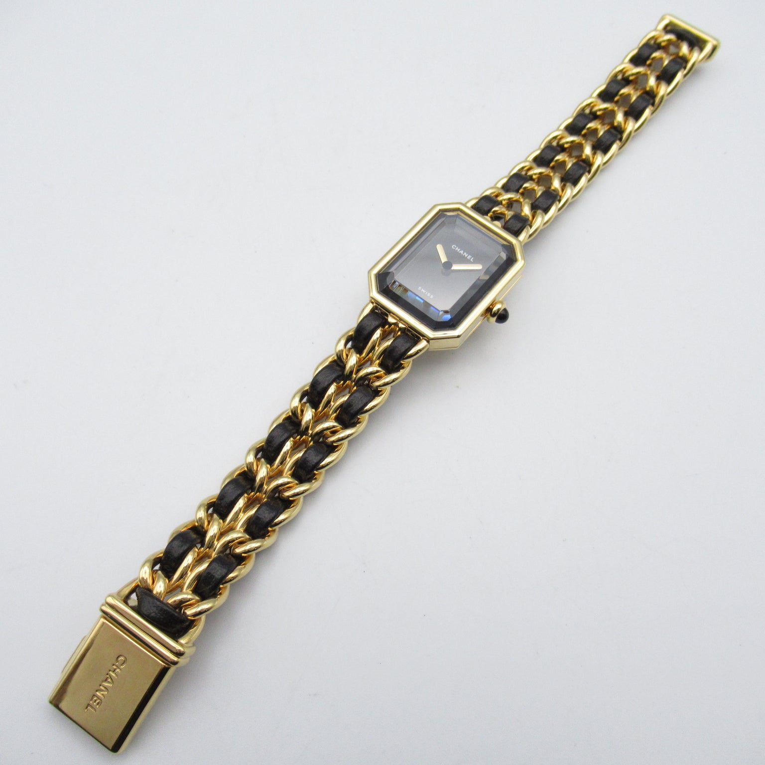 CHANEL Premiere L鍍金/皮革手錶石英機芯黑色#16cm
