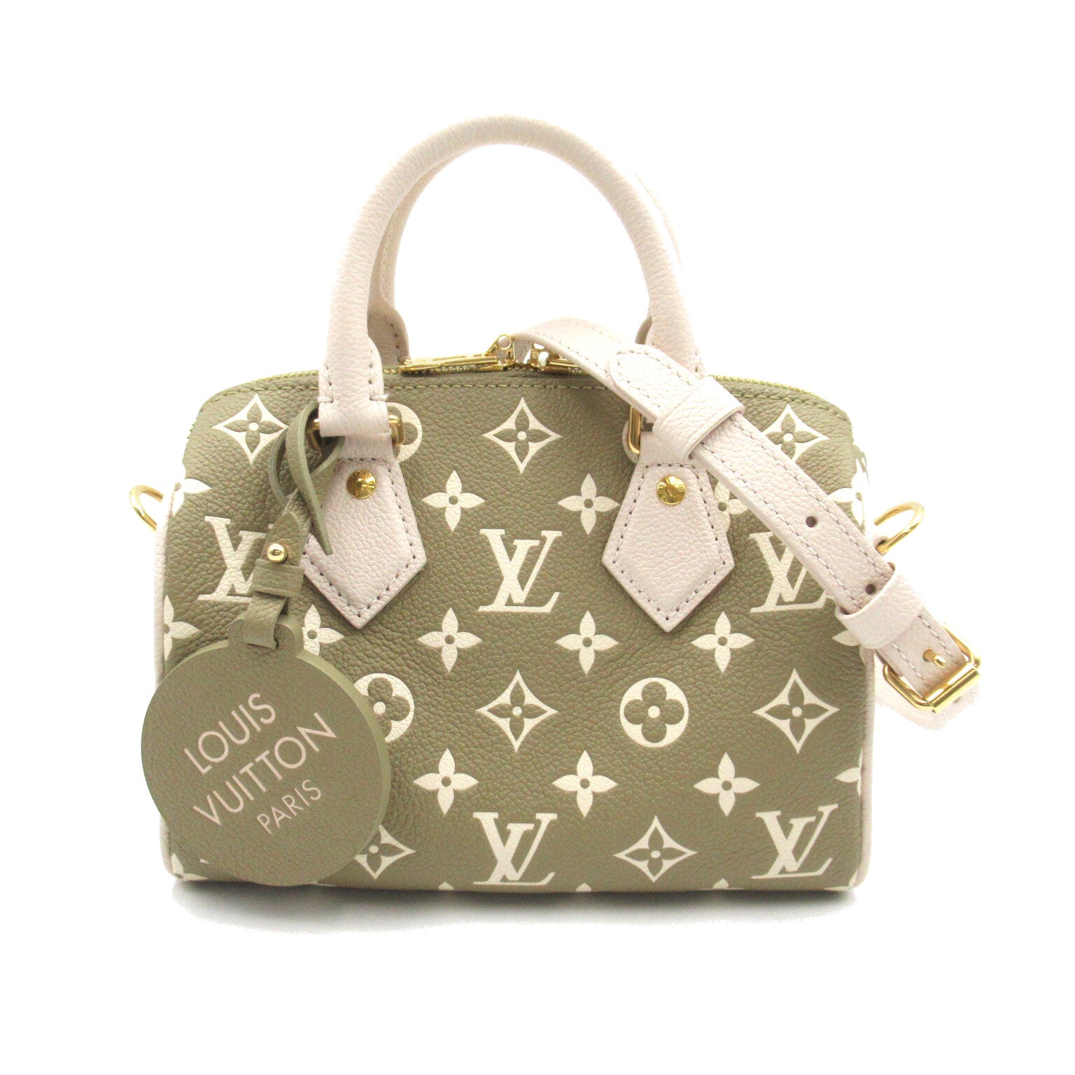 LOUIS VUITTON Monogram Empreinte Speedy Bandouliere 20金扣手挽肩背兩用袋卡其色/白色