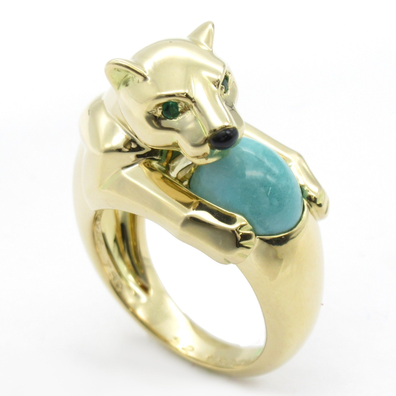 CARTIER 【激減優惠】18K黃金Panthere Vedra Turquoise Ring綠松石戒指US#6/Cartier#52