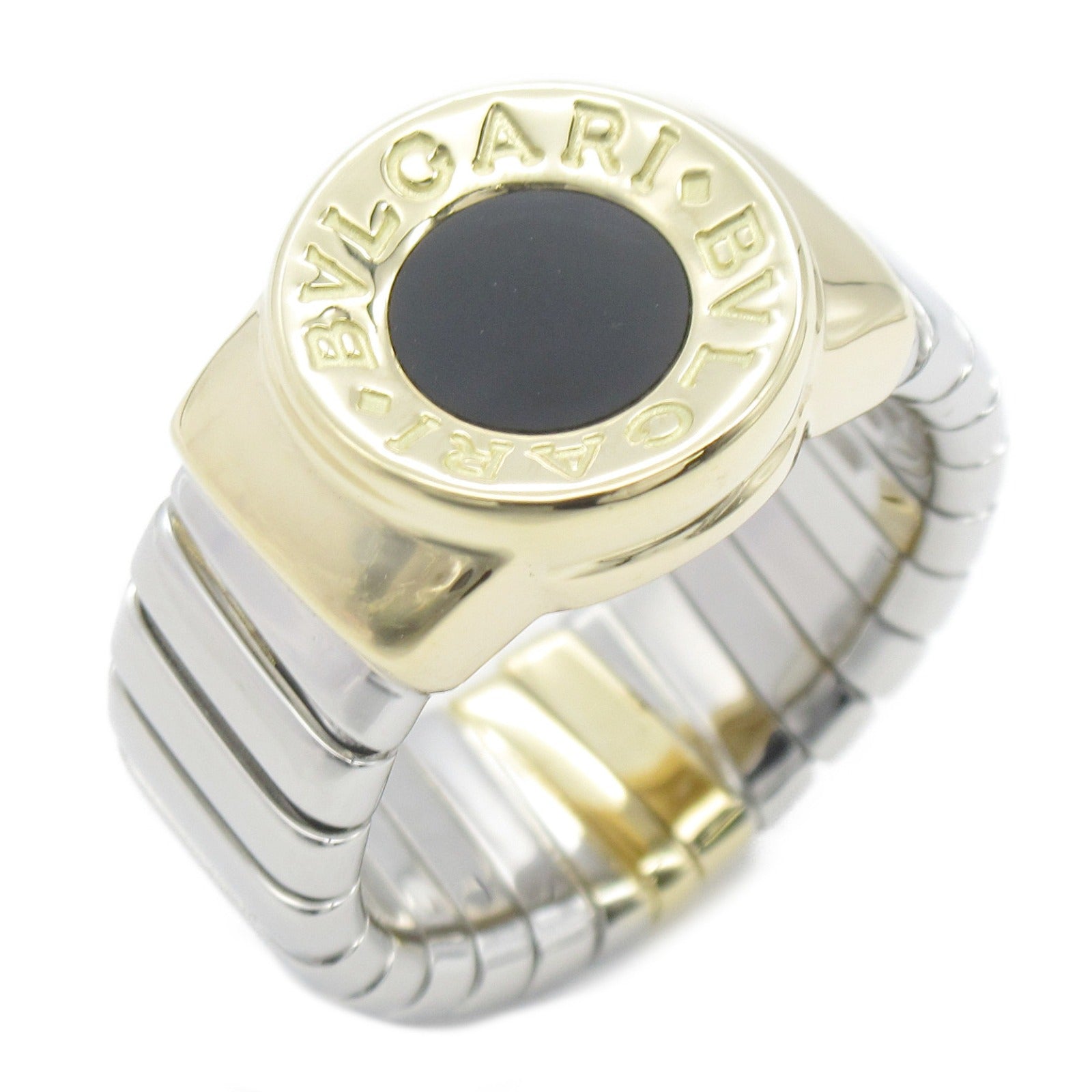 BVLGARI 18K黃金/不鏽鋼Bvlgari Tubogas Onyx Ring縞瑪瑙戒指US#7