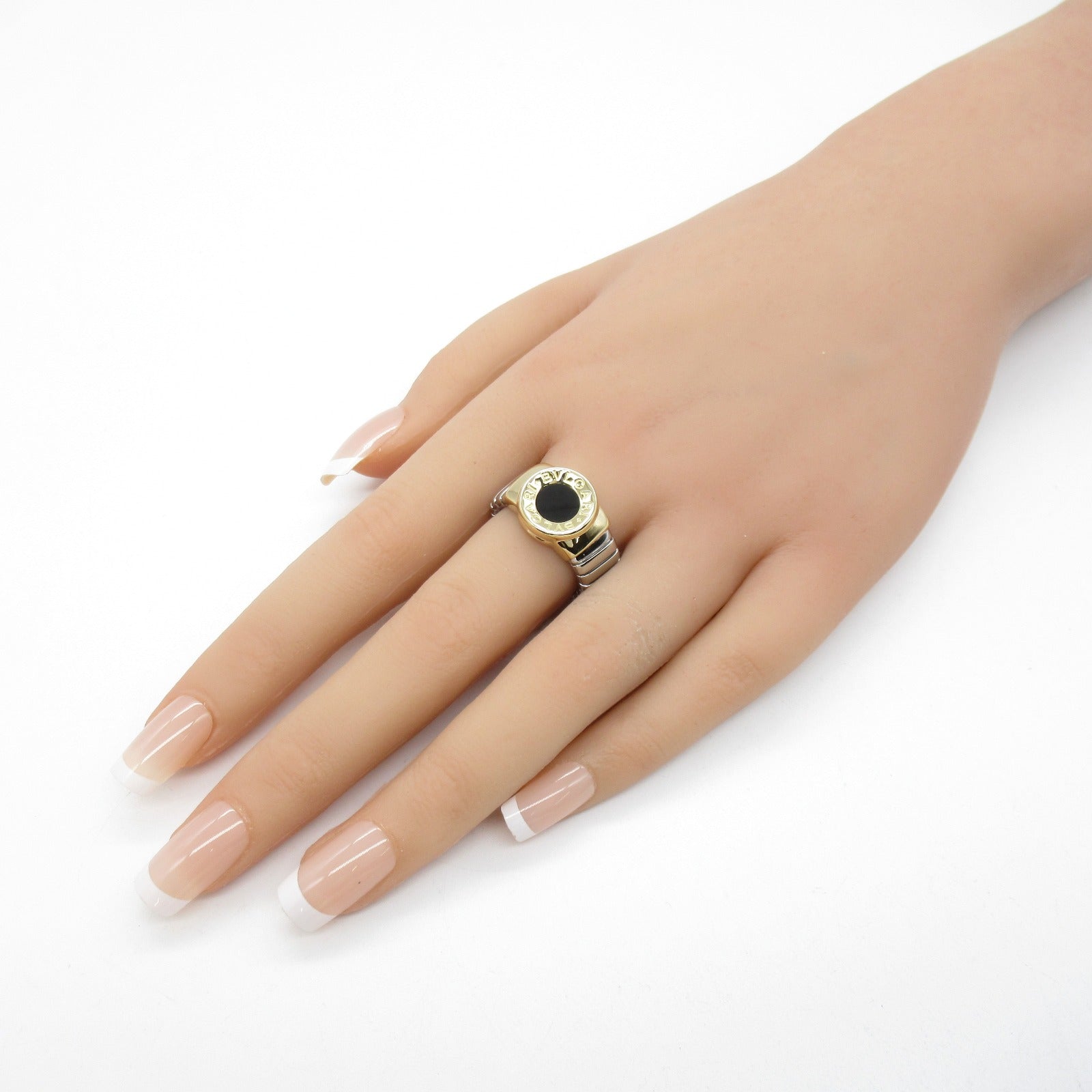 BVLGARI 18K黃金/不鏽鋼Bvlgari Tubogas Onyx Ring縞瑪瑙戒指US#7