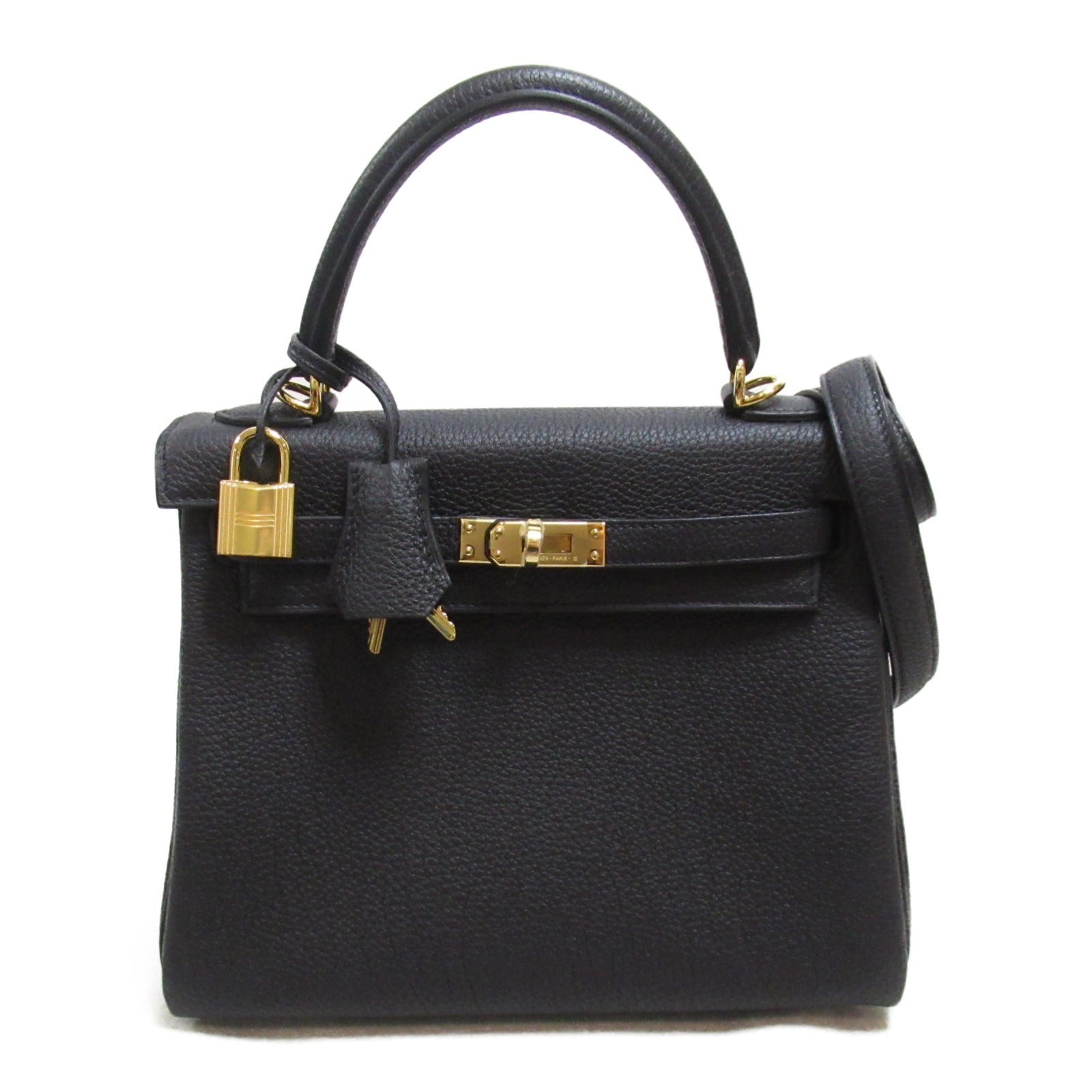 HERMES Togo皮革Kelly 25金扣手挽肩背兩用袋Noir/黑色