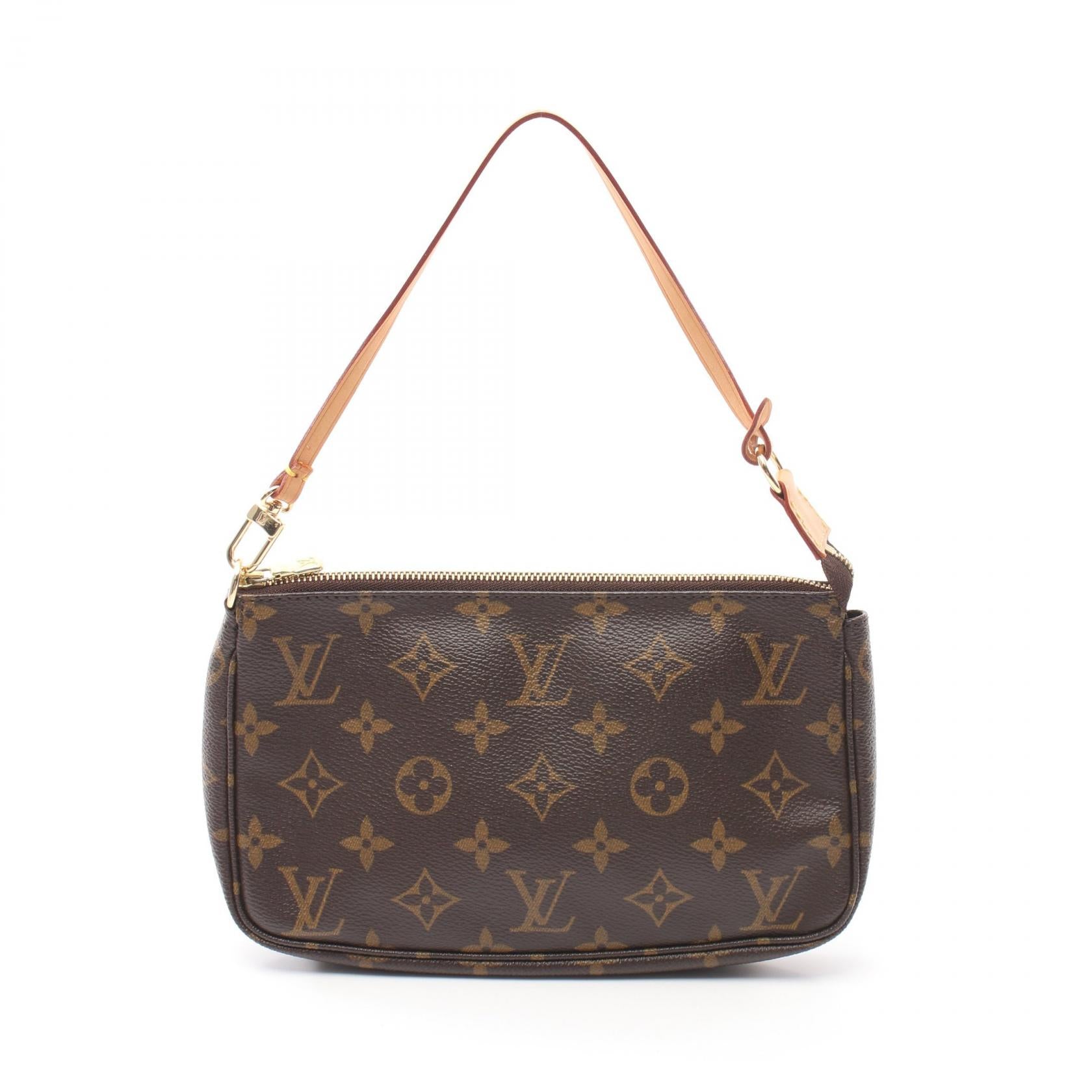 LOUIS VUITTON Monogram Pochette Accessoires金扣手挽袋棕色