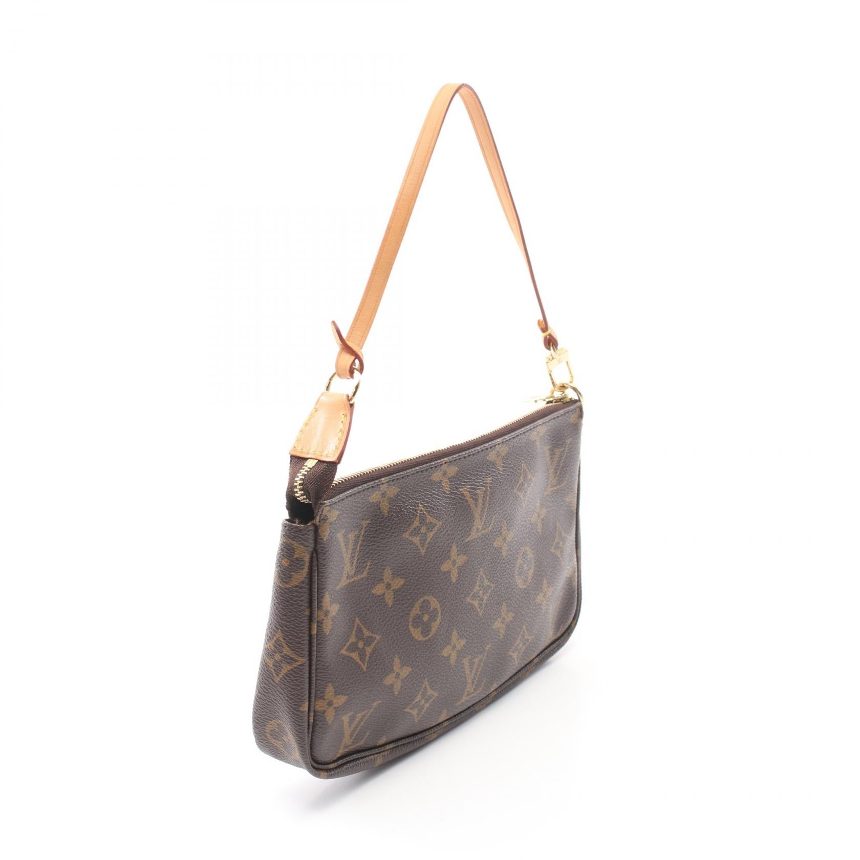 LOUIS VUITTON Monogram Pochette Accessoires金扣手挽袋棕色