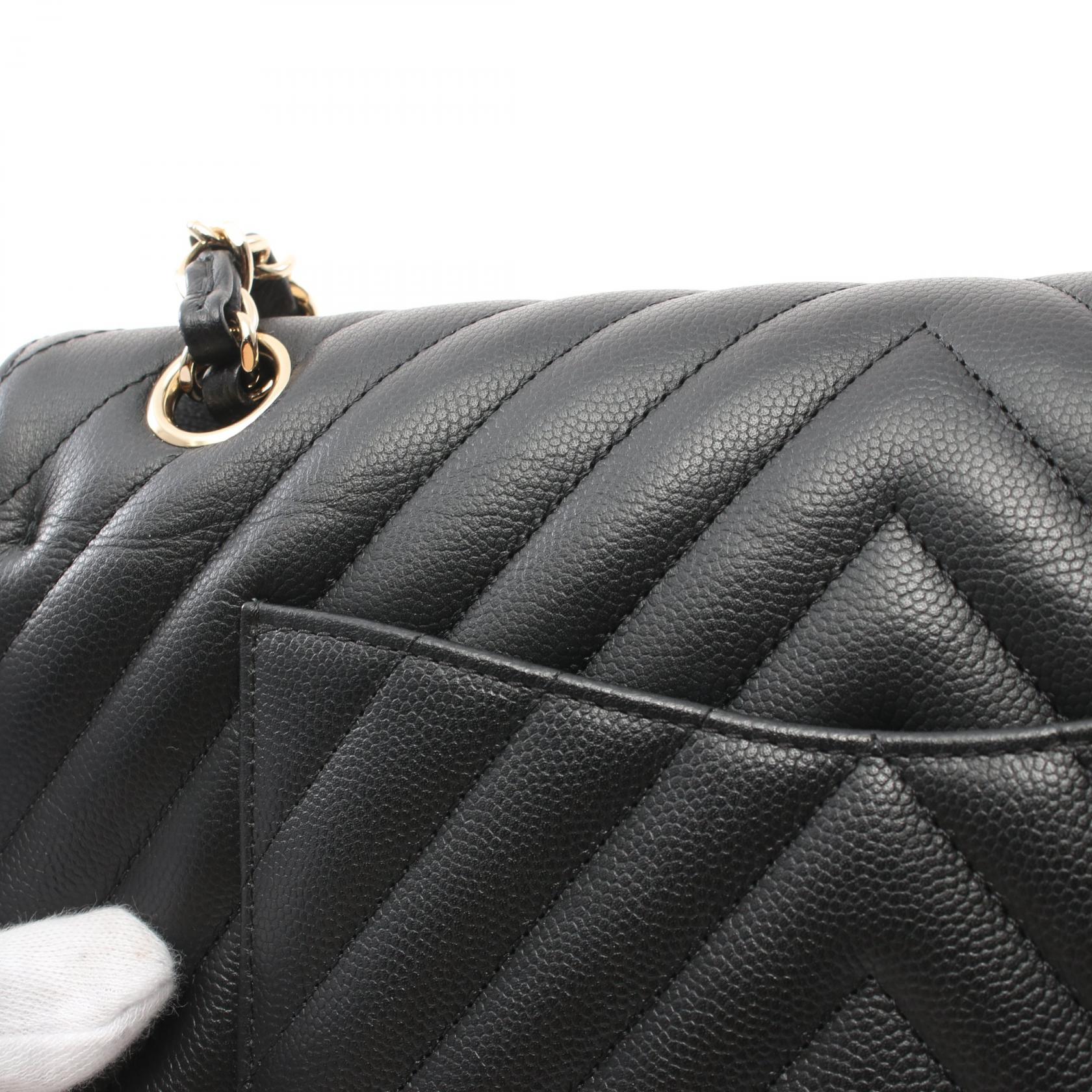 CHANEL CC GHW V-stitch W-flap Chain Shoulder Bag A01166 Calfslin Leather Black