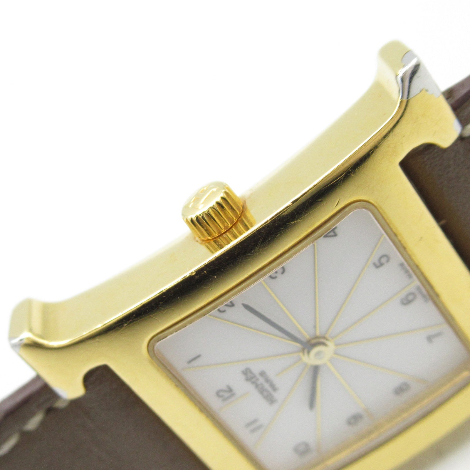 HERMES H Watch HH1.201 Quartz Watch Gold Plated Leather Belt White