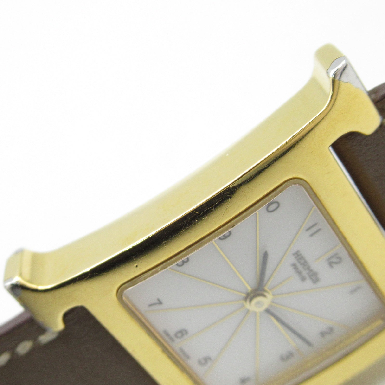 HERMES H Watch HH1.201 Quartz Watch Gold Plated Leather Belt White