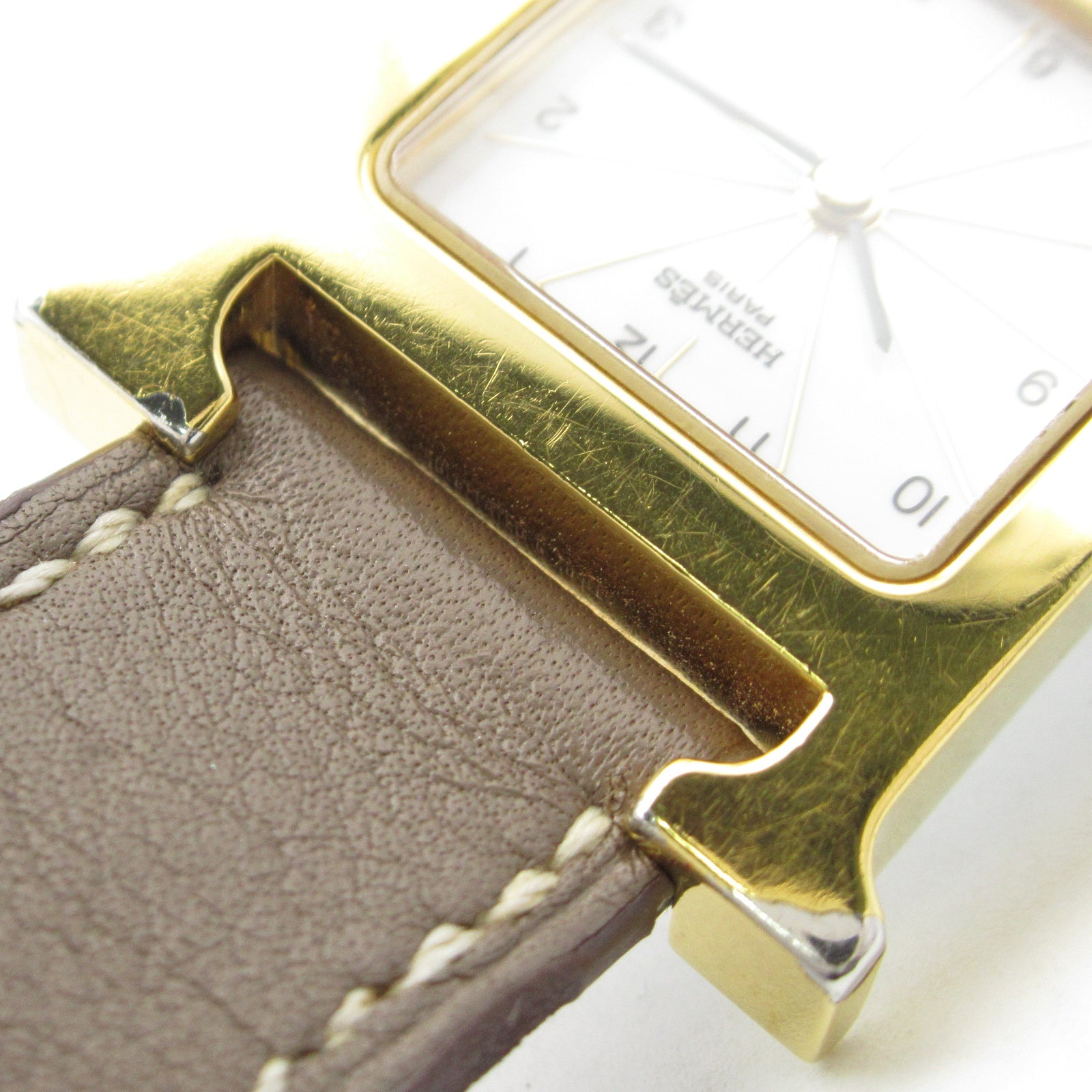 HERMES H Watch HH1.201 Quartz Watch Gold Plated Leather Belt White