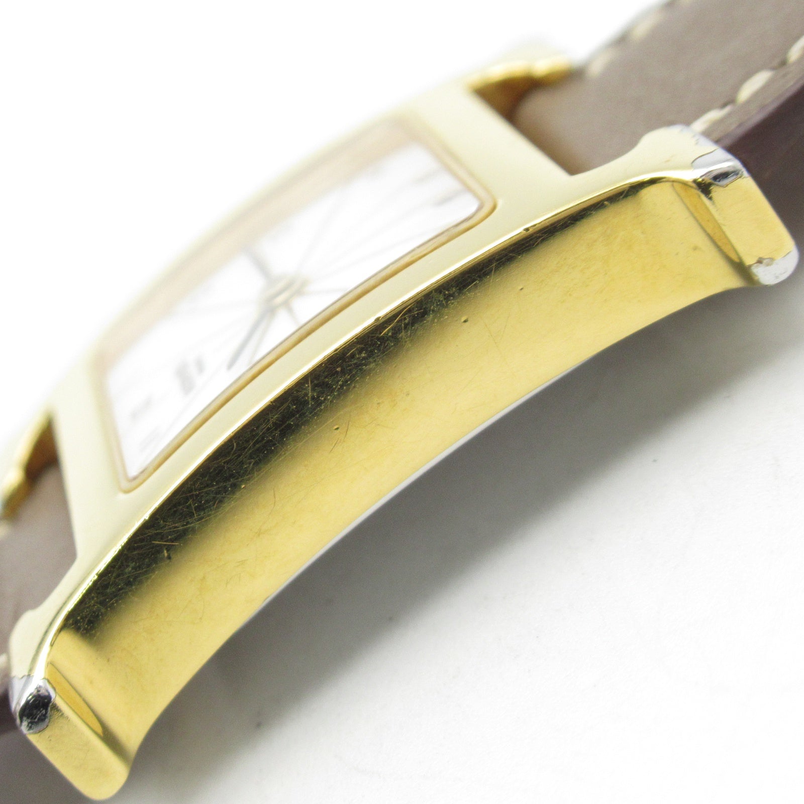 HERMES H Watch HH1.201 Quartz Watch Gold Plated Leather Belt White