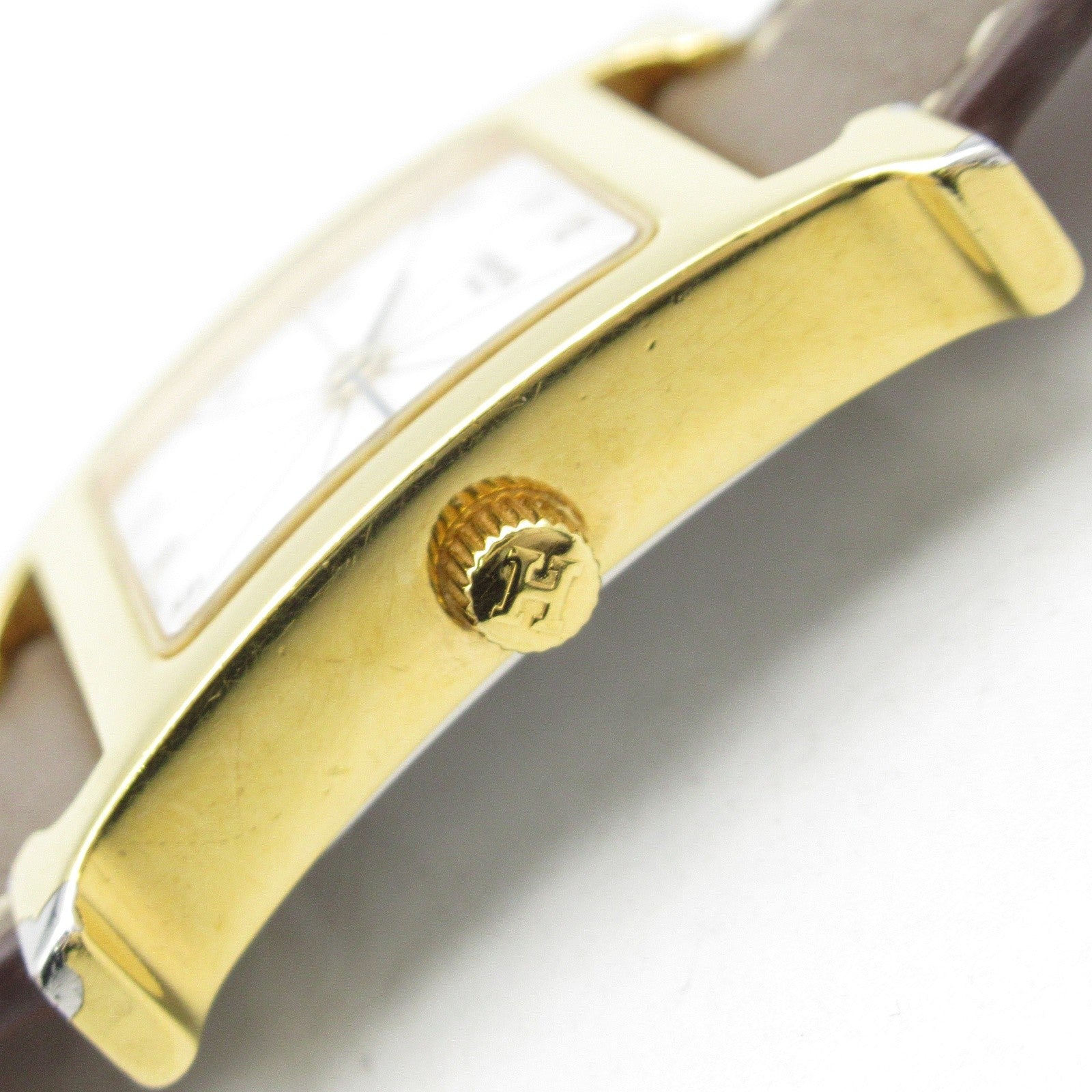 HERMES H Watch HH1.201 Quartz Watch Gold Plated Leather Belt White
