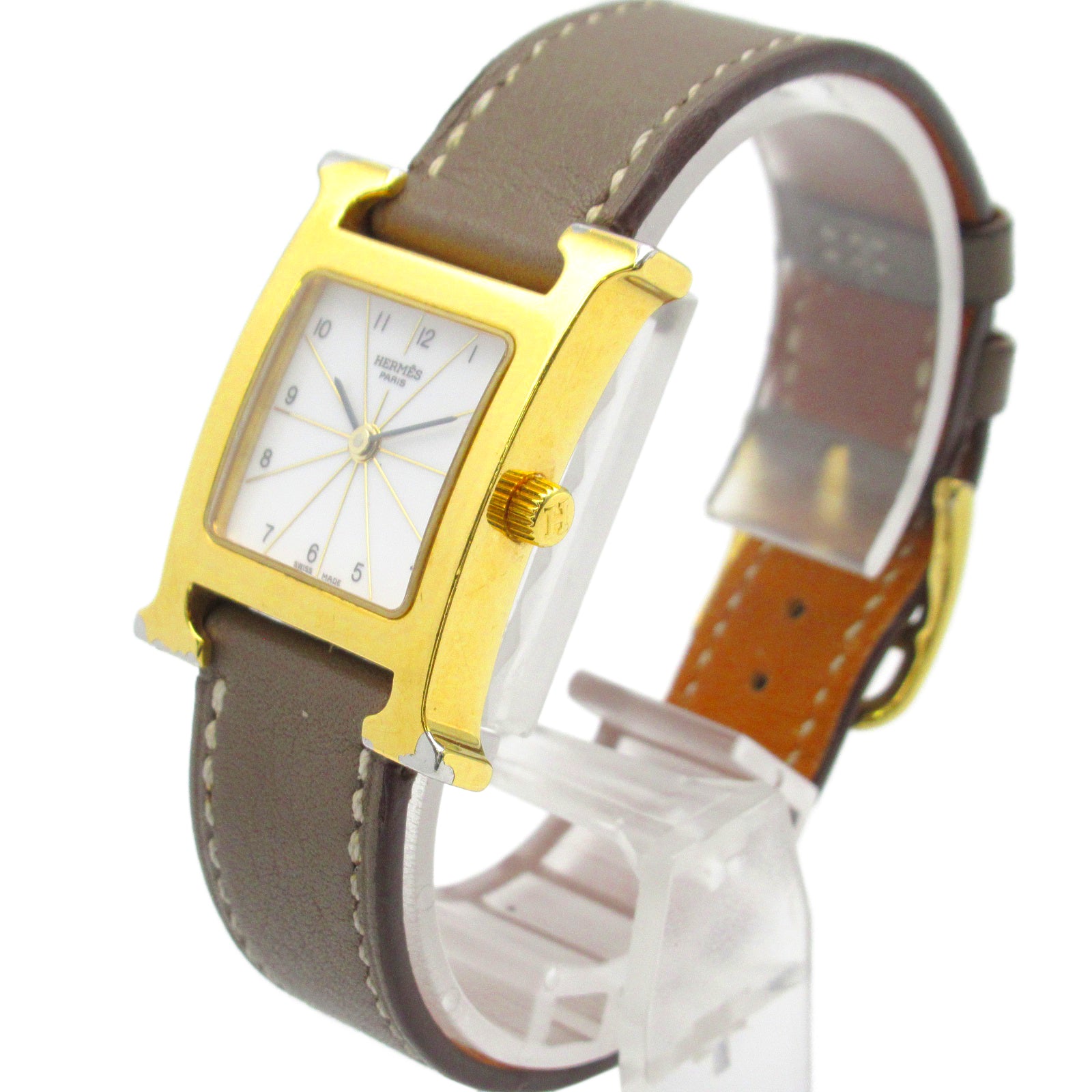 HERMES H Watch HH1.201 Quartz Watch Gold Plated Leather Belt White