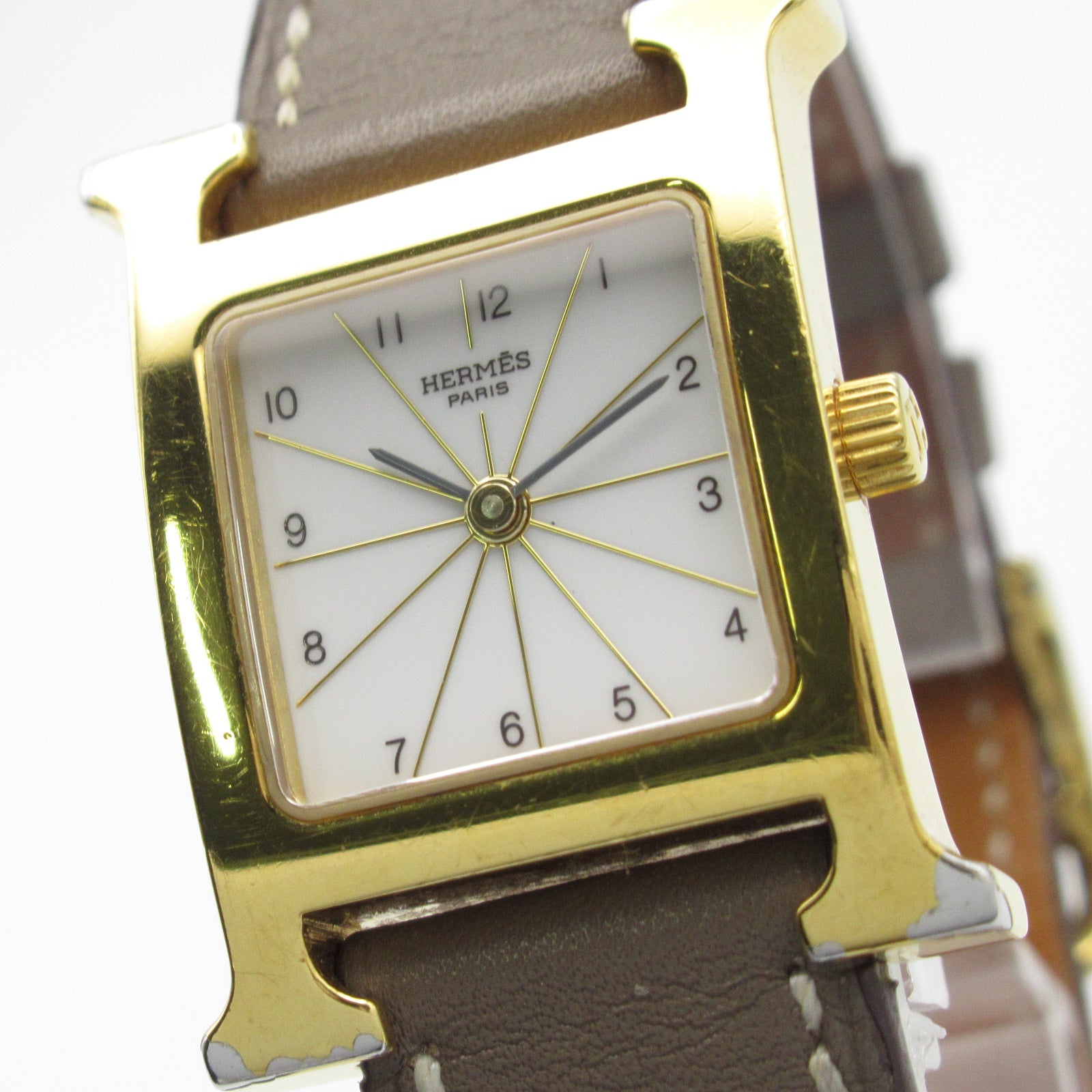 HERMES H Watch HH1.201 Quartz Watch Gold Plated Leather Belt White
