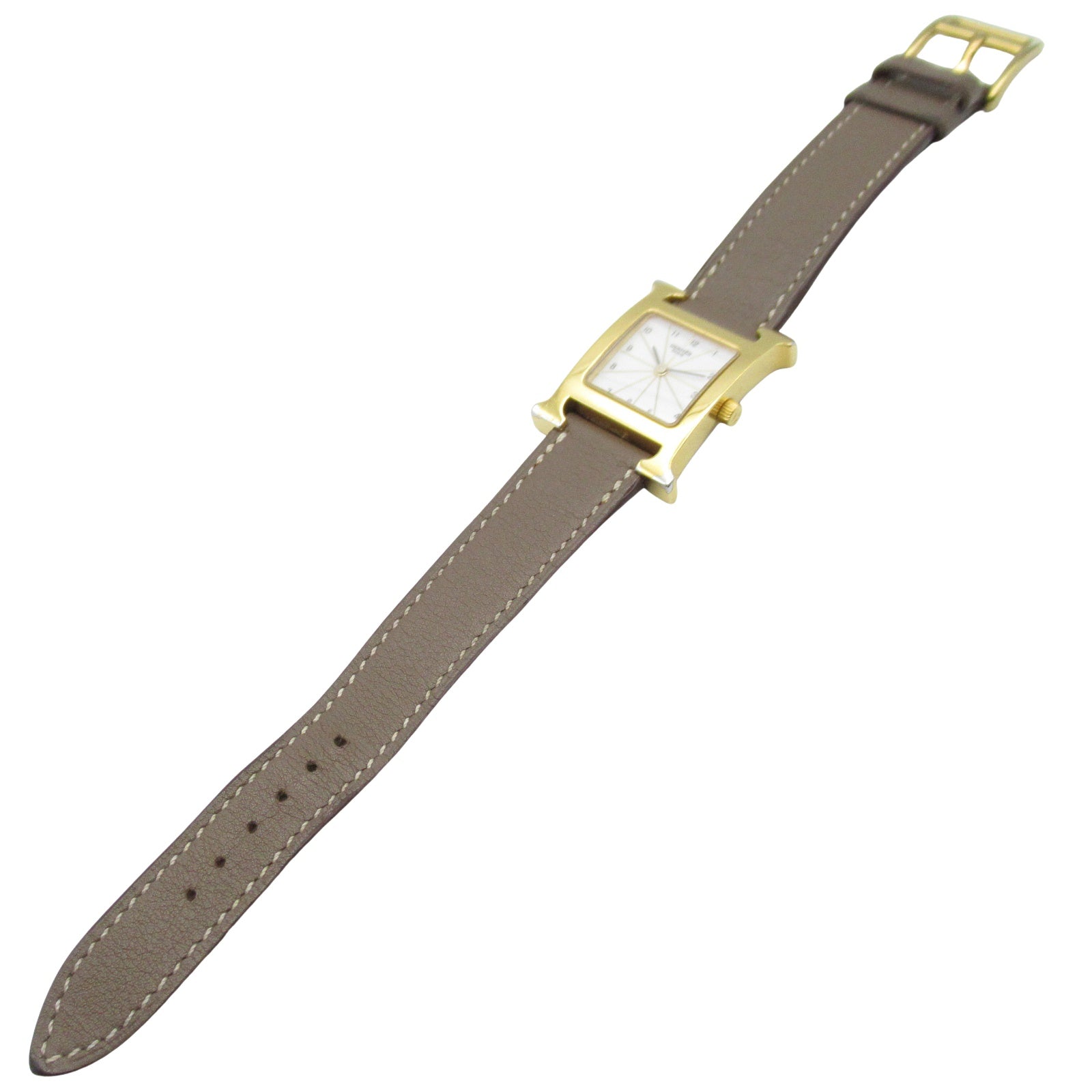 HERMES H Watch HH1.201 Quartz Watch Gold Plated Leather Belt White