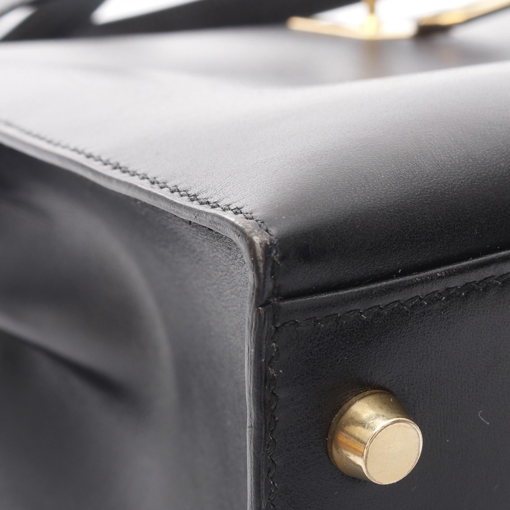 HERMES Box Calf皮革Kelly 32金扣手挽肩背兩用袋Noir