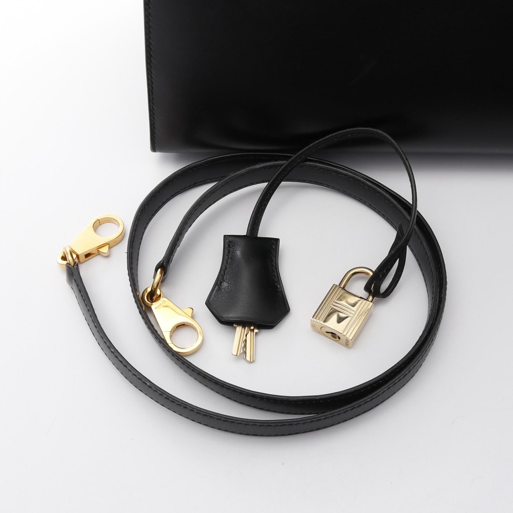 HERMES Box Calf皮革Kelly 32金扣手挽肩背兩用袋Noir