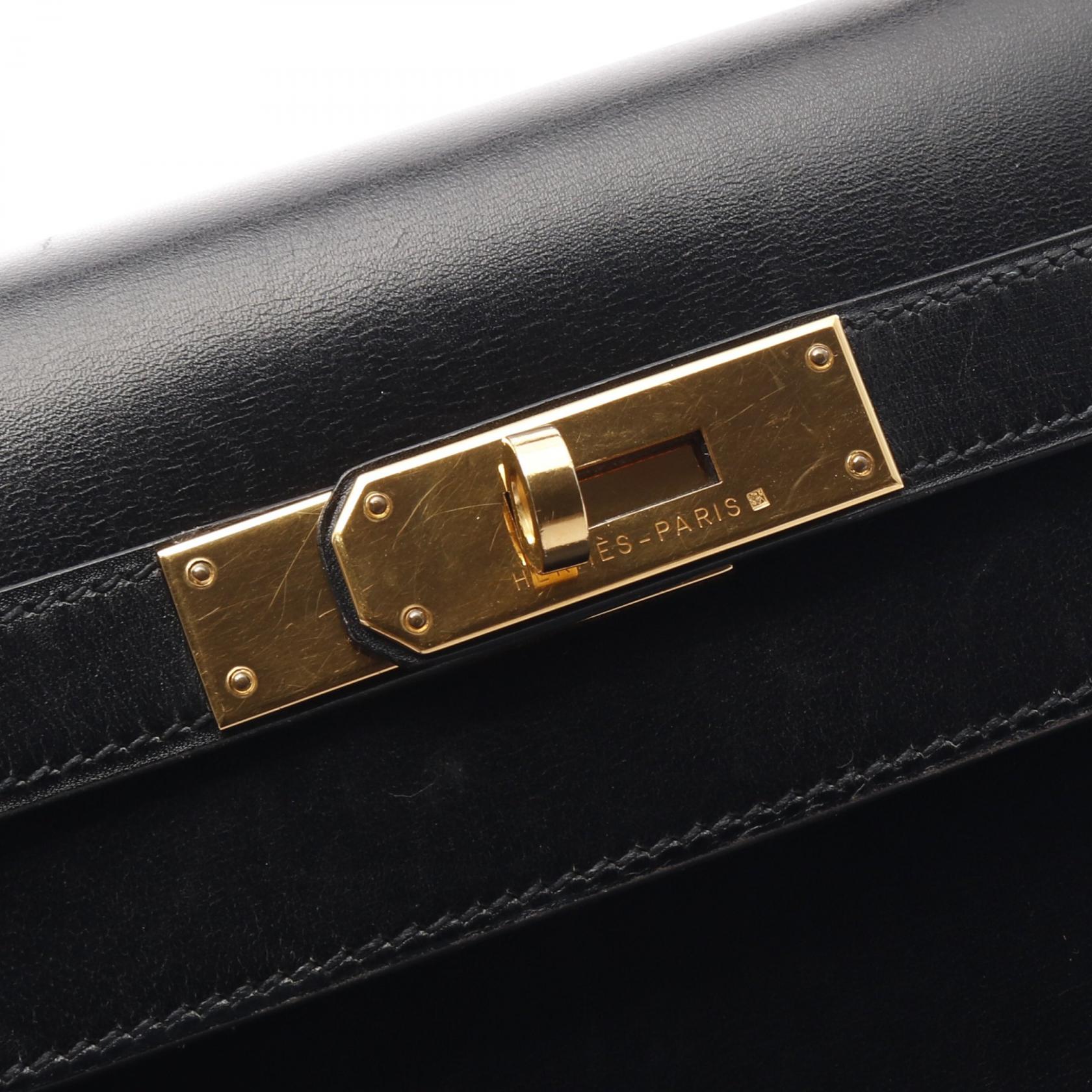 HERMES Box Calf皮革Kelly 32金扣手挽肩背兩用袋Noir