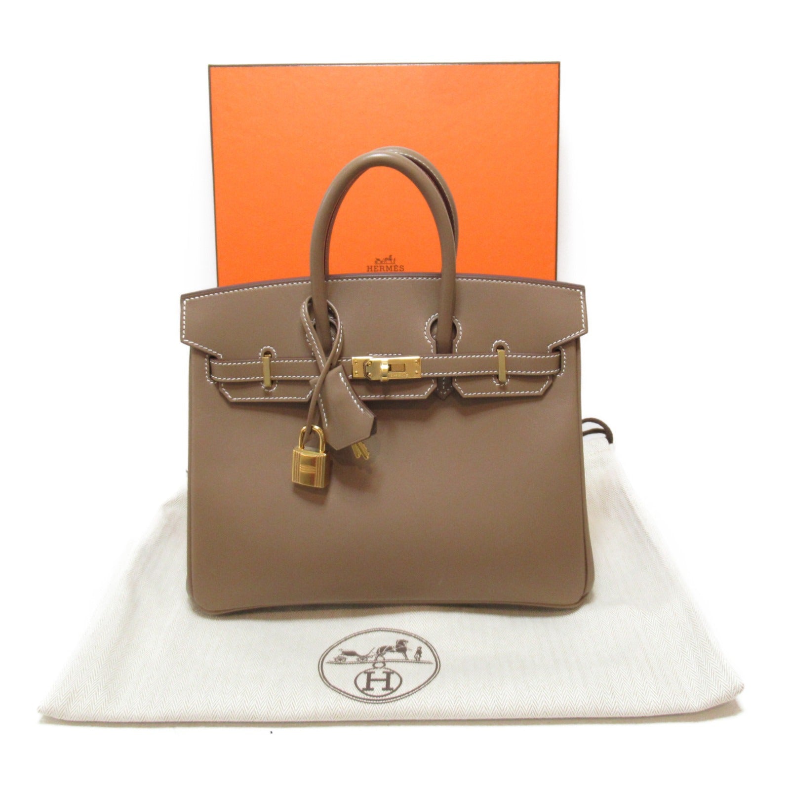 HERMES 【清倉大減價】皮革Birkin 25金扣手挽袋Etoupe