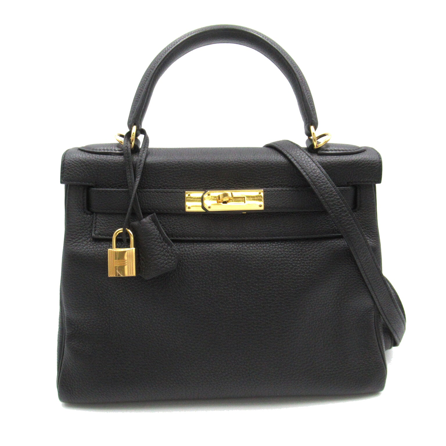 HERMES Togo皮革Kelly 28金扣手挽肩背兩用袋Noir/黑色