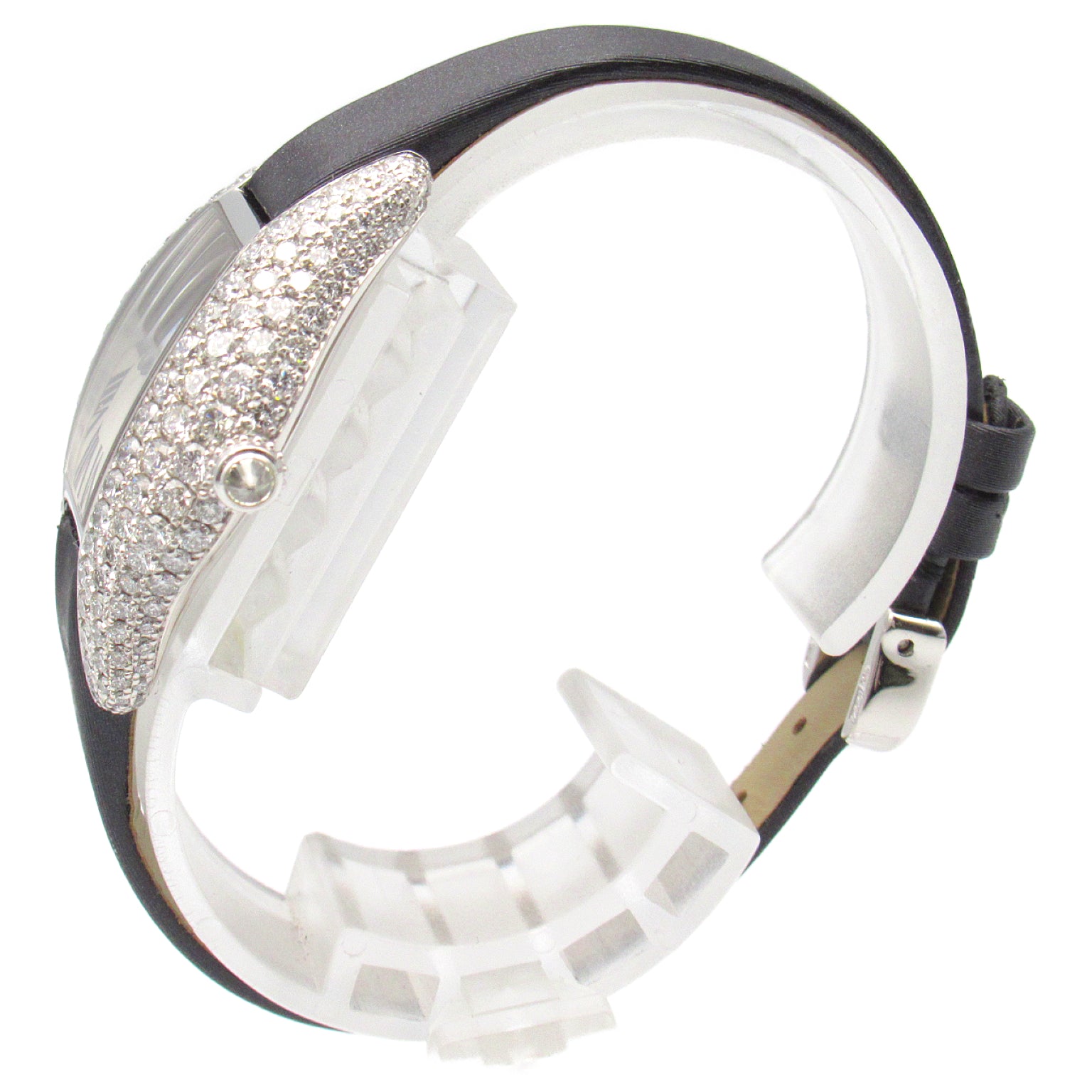 CARTIER Tonneau Arrondie 18K白金/鑽石/皮革帶手錶石英機芯銀色