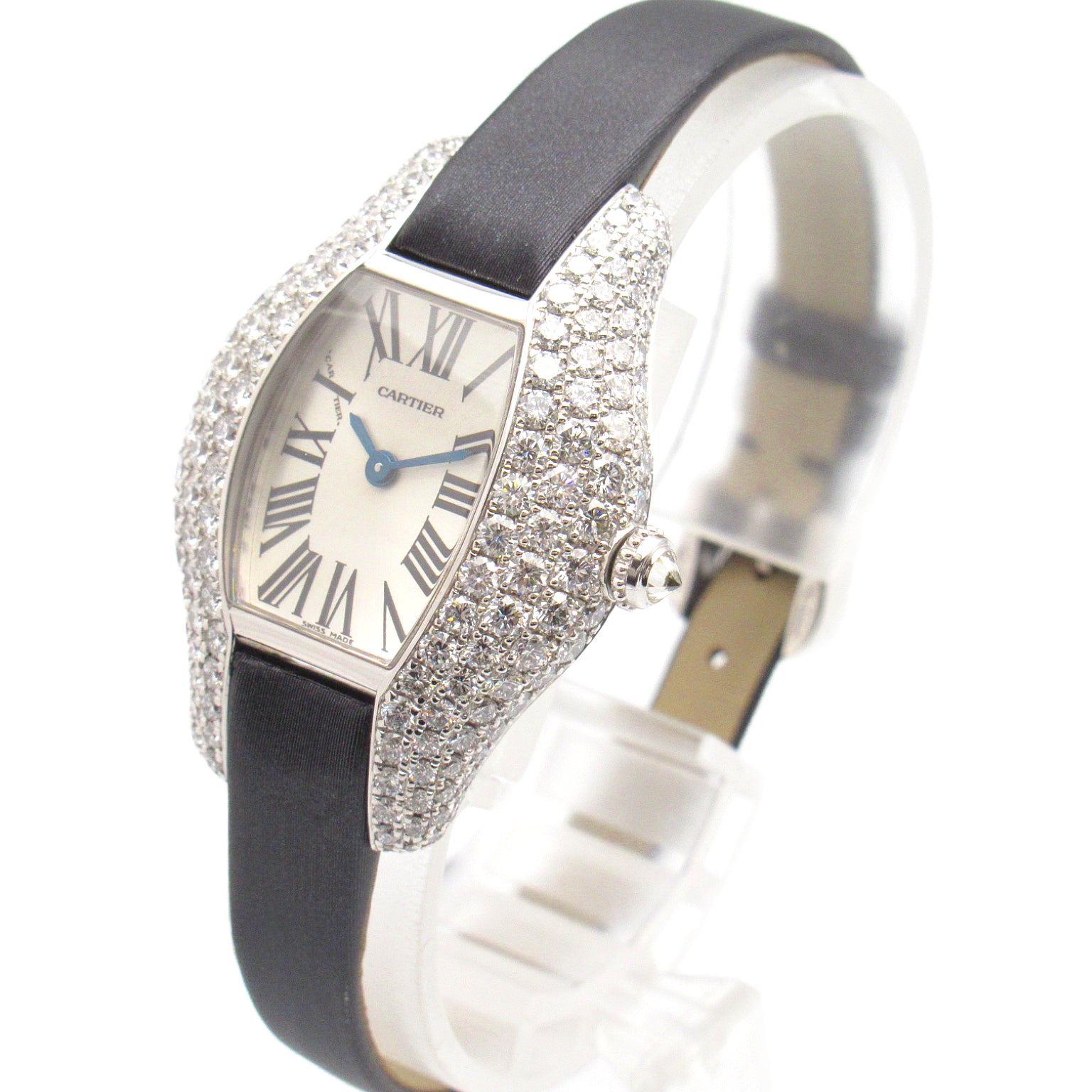 CARTIER Tonneau Arrondie 18K白金/鑽石/皮革帶手錶石英機芯銀色