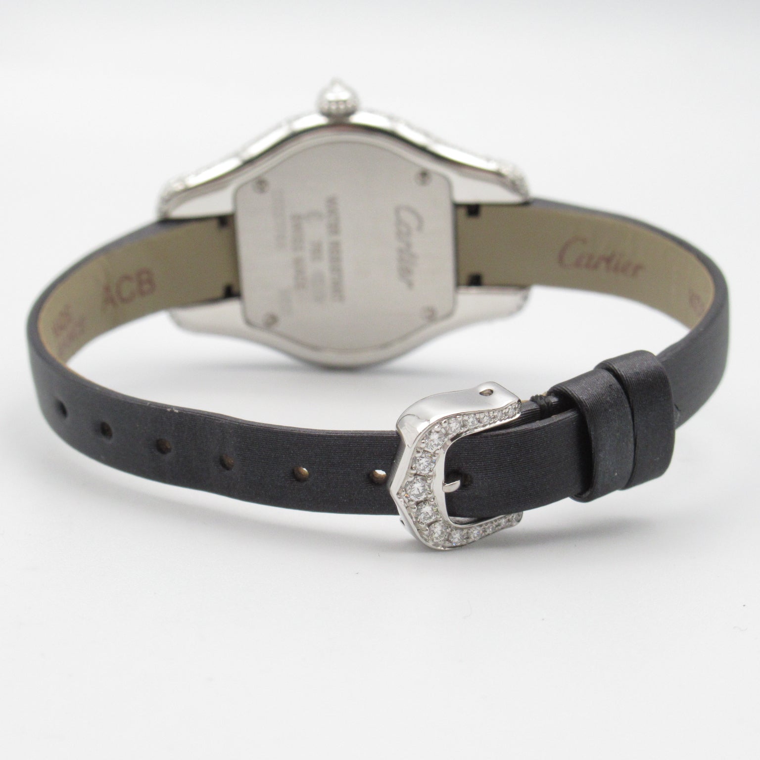 CARTIER Tonneau Arrondie 18K白金/鑽石/皮革帶手錶石英機芯銀色