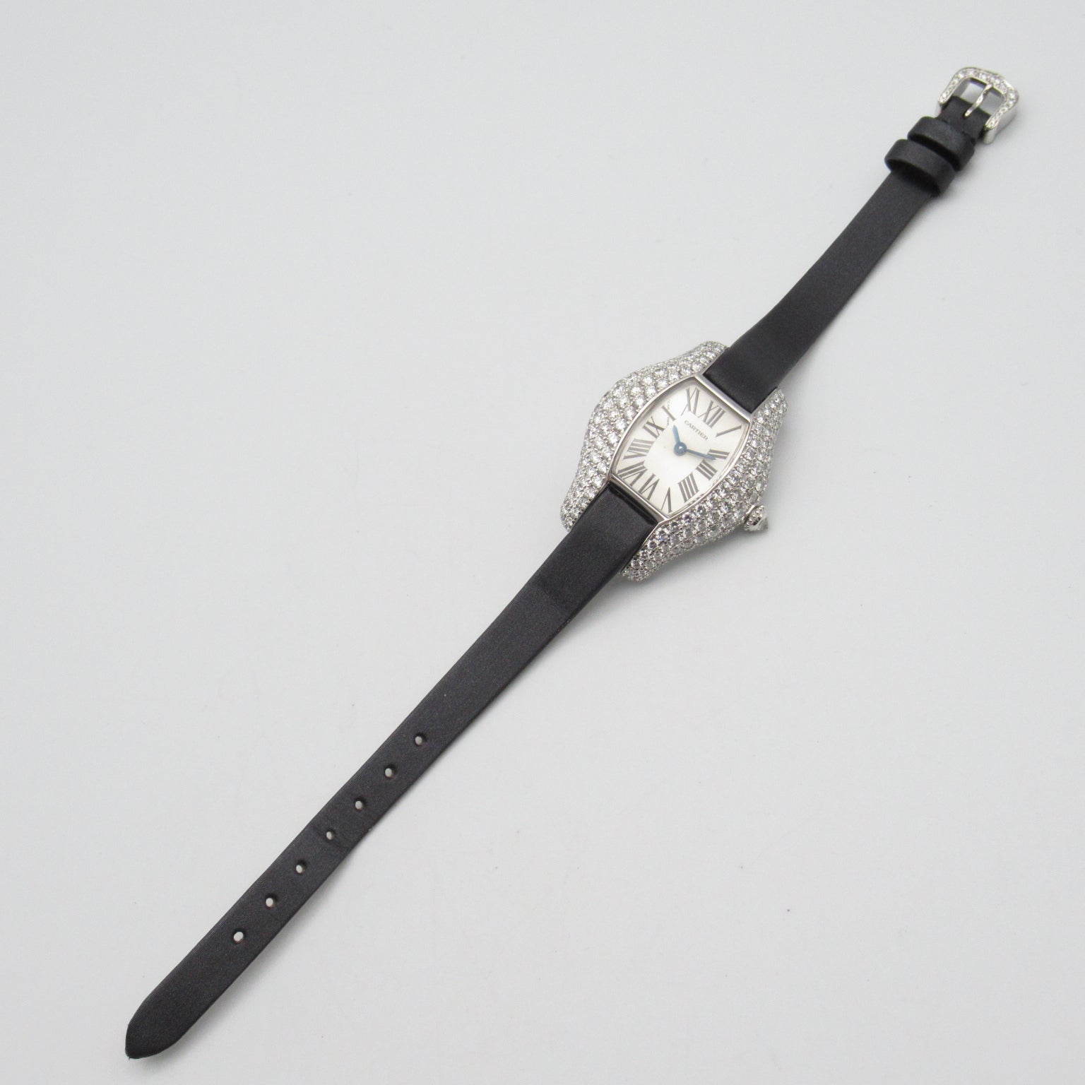 CARTIER Tonneau Arrondie 18K白金/鑽石/皮革帶手錶石英機芯銀色