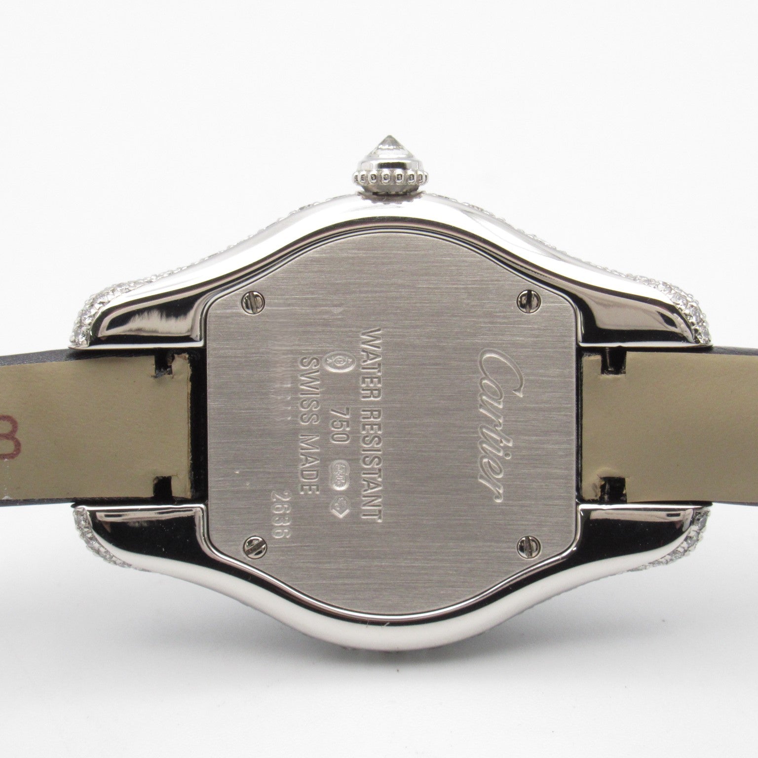 CARTIER Tonneau Arrondie 18K白金/鑽石/皮革帶手錶石英機芯銀色