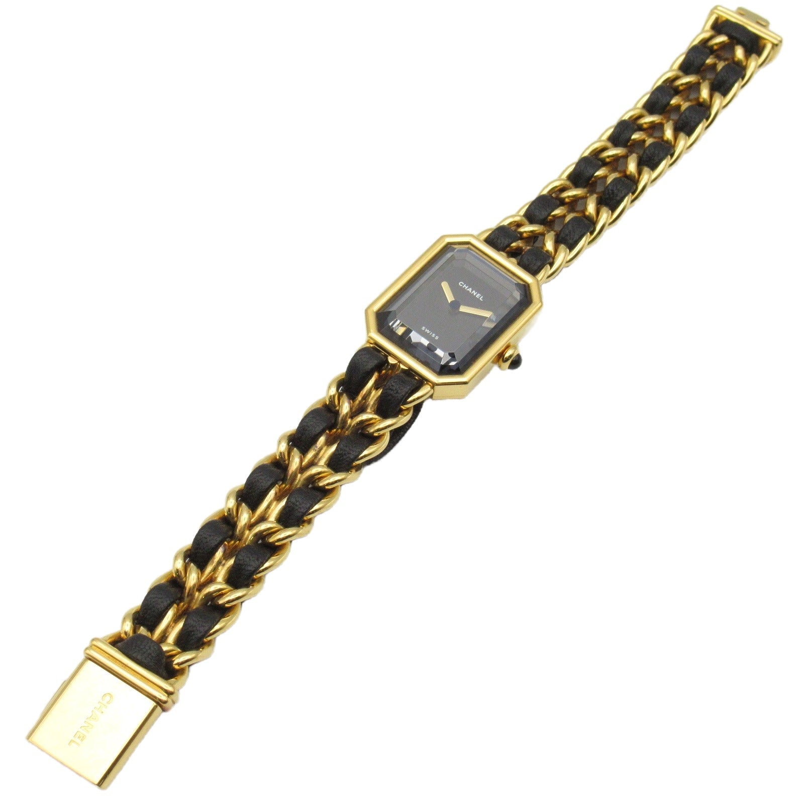 CHANEL Premiere L鍍金/皮革手錶石英機芯黑色