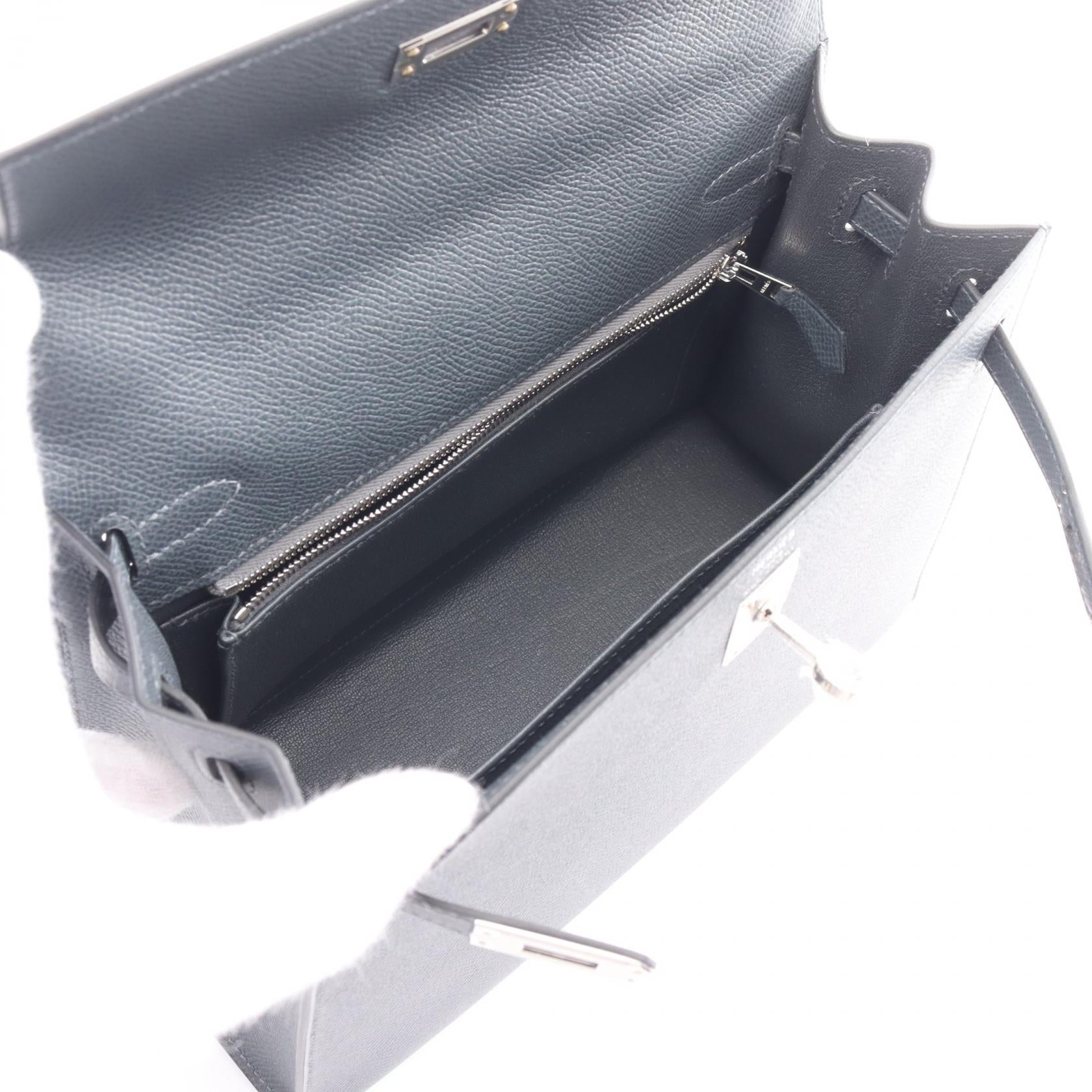 HERMES 【激減優惠】Epsom皮革Kelly 25銀扣手挽肩背兩用袋Gris Misty靛藍色