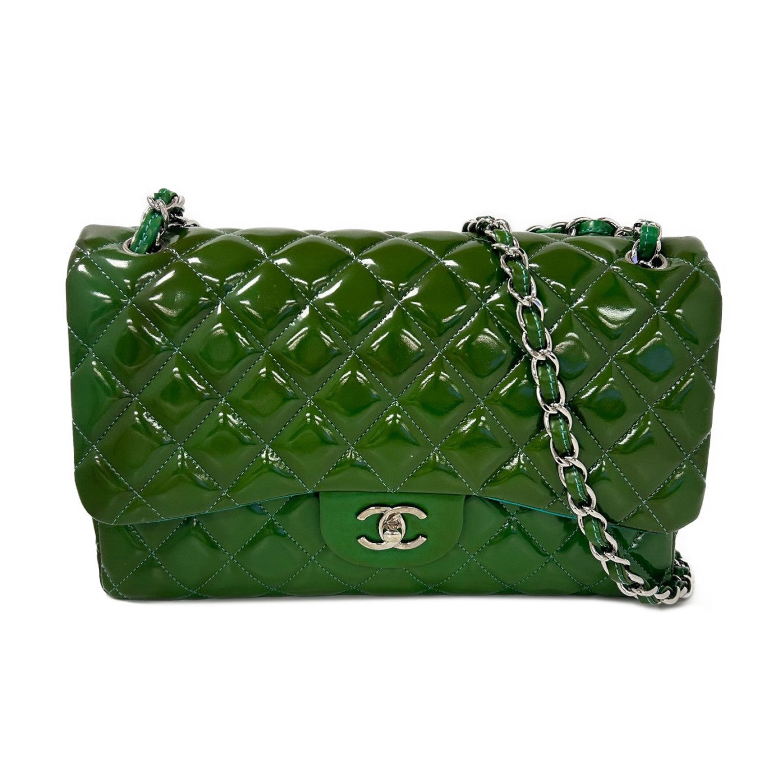 CHANEL 【清倉大減價】菱格漆皮皮革Jumbo銀扣鏈帶肩背袋綠色