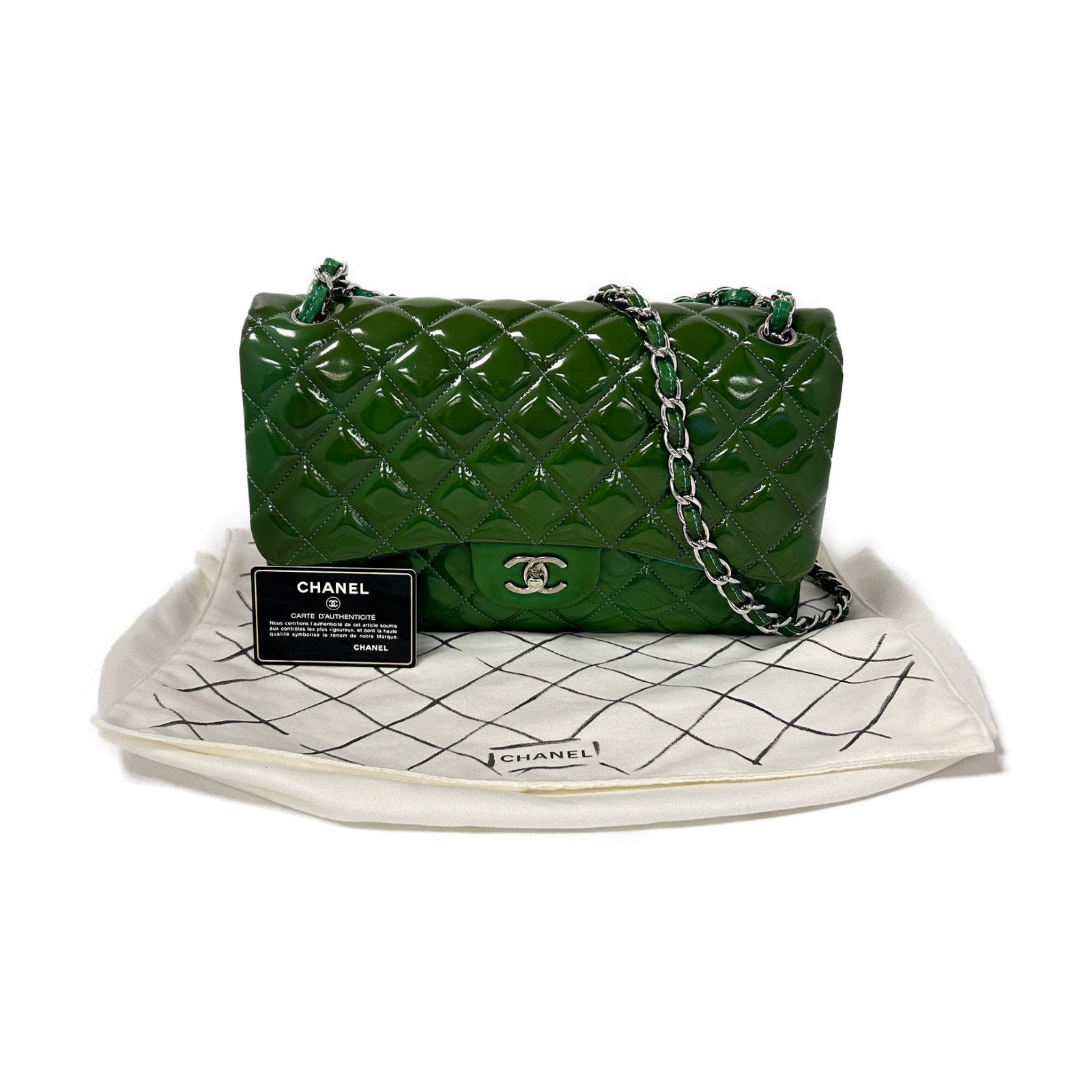 CHANEL 【清倉大減價】菱格漆皮皮革Jumbo銀扣鏈帶肩背袋綠色