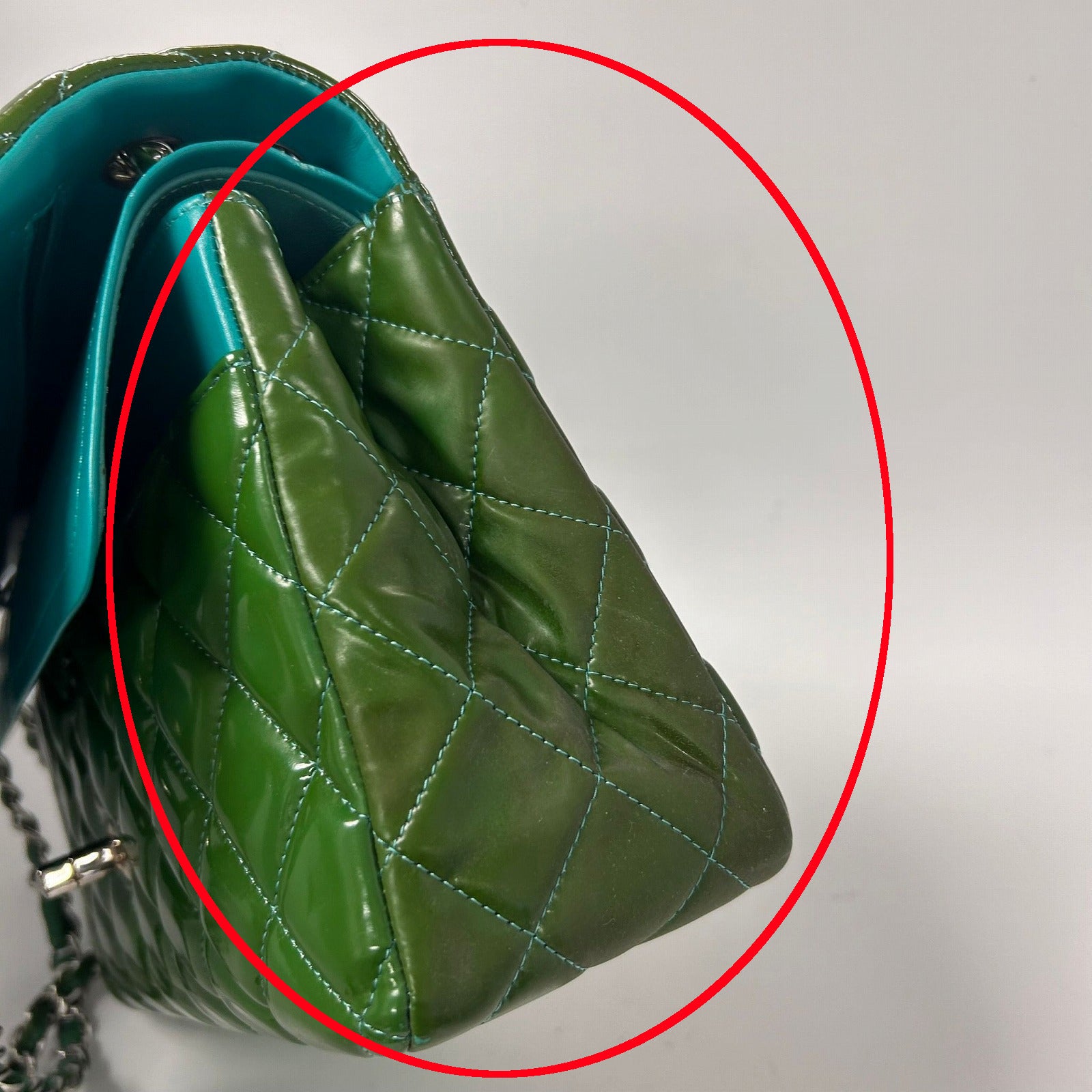 CHANEL 【清倉大減價】菱格漆皮皮革Jumbo銀扣鏈帶肩背袋綠色