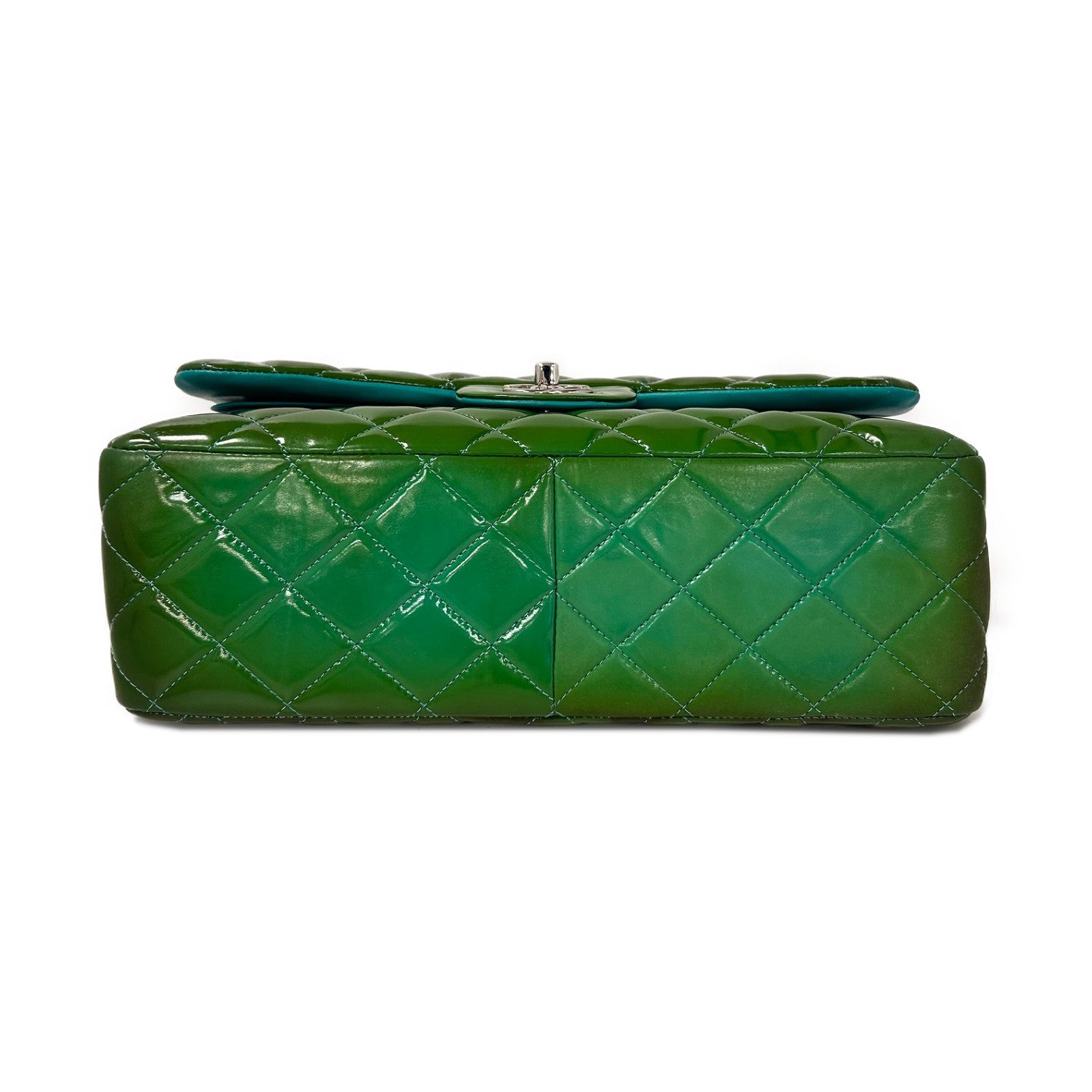 CHANEL 【清倉大減價】菱格漆皮皮革Jumbo銀扣鏈帶肩背袋綠色