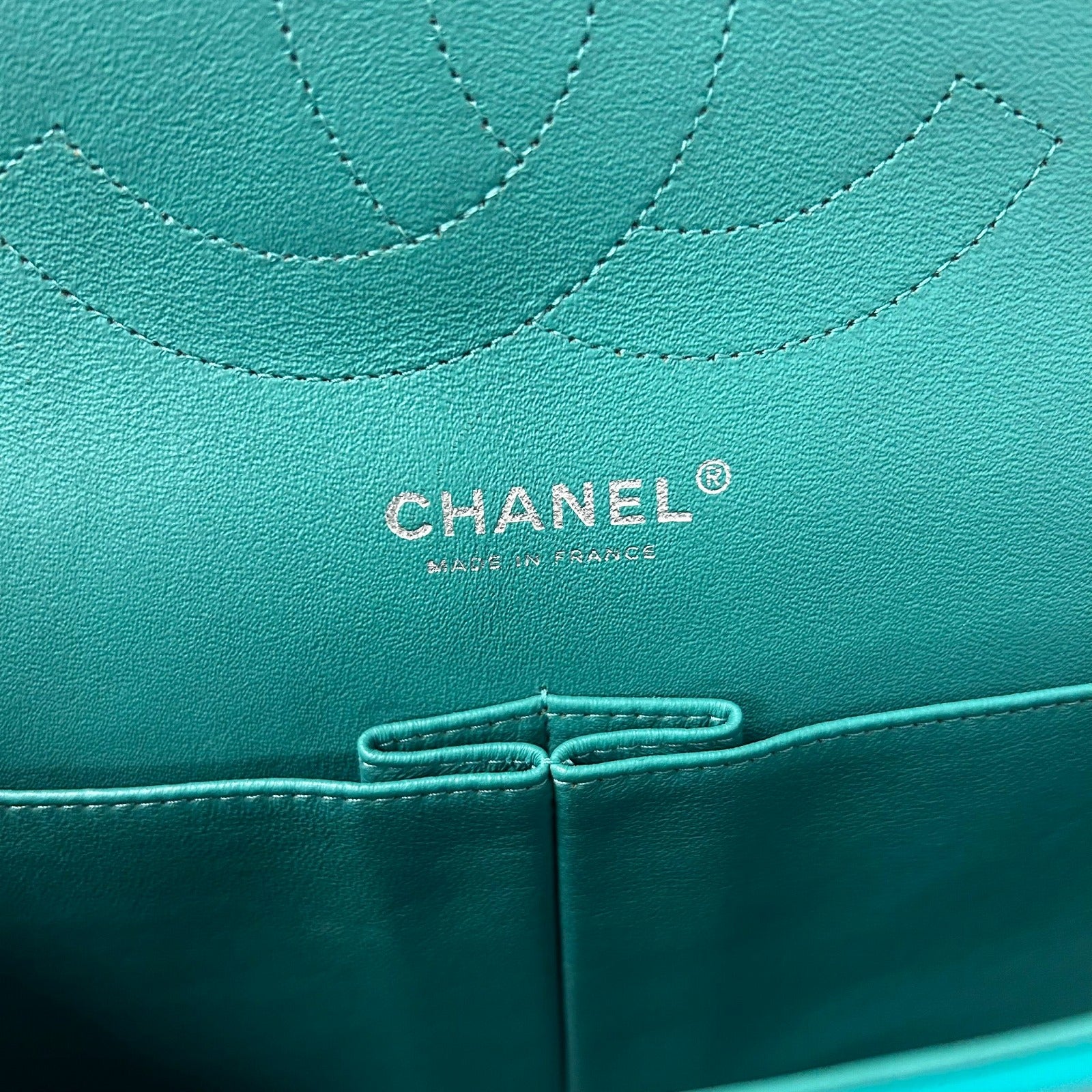 CHANEL 【清倉大減價】菱格漆皮皮革Jumbo銀扣鏈帶肩背袋綠色