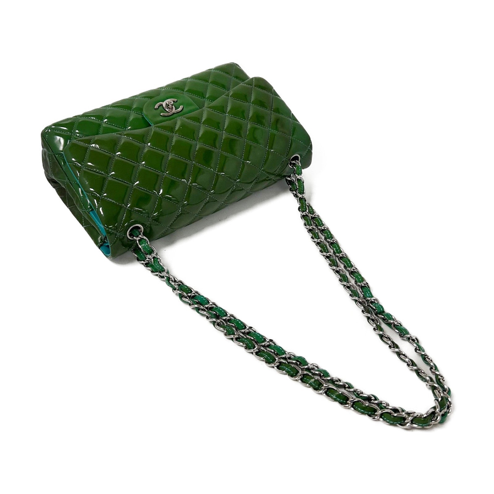 CHANEL 【清倉大減價】菱格漆皮皮革Jumbo銀扣鏈帶肩背袋綠色