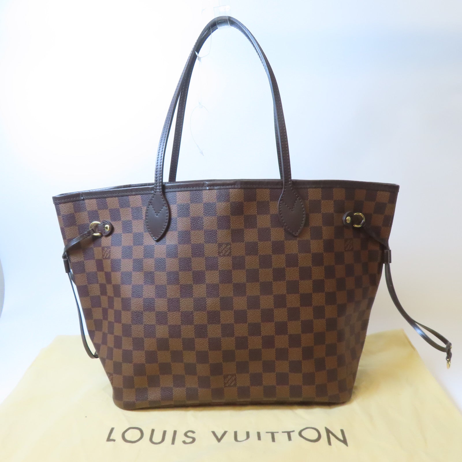 LOUIS VUITTON 【激減優惠】Damier Neverfull MM金扣手挽袋啡色
