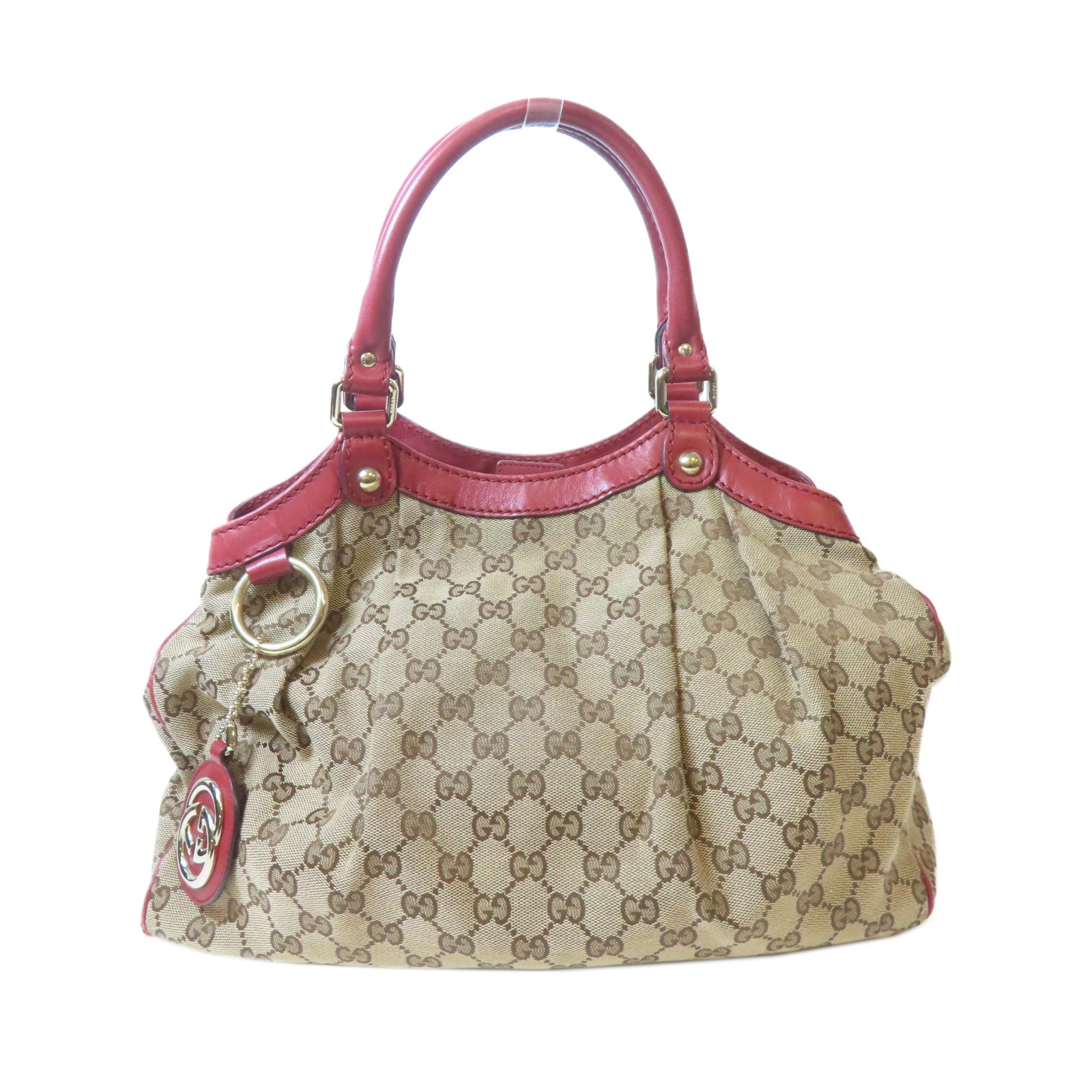 GUCCI 【激減優惠】帆布Sukey Shoulder Bag金扣肩背袋浅褐色/紅色