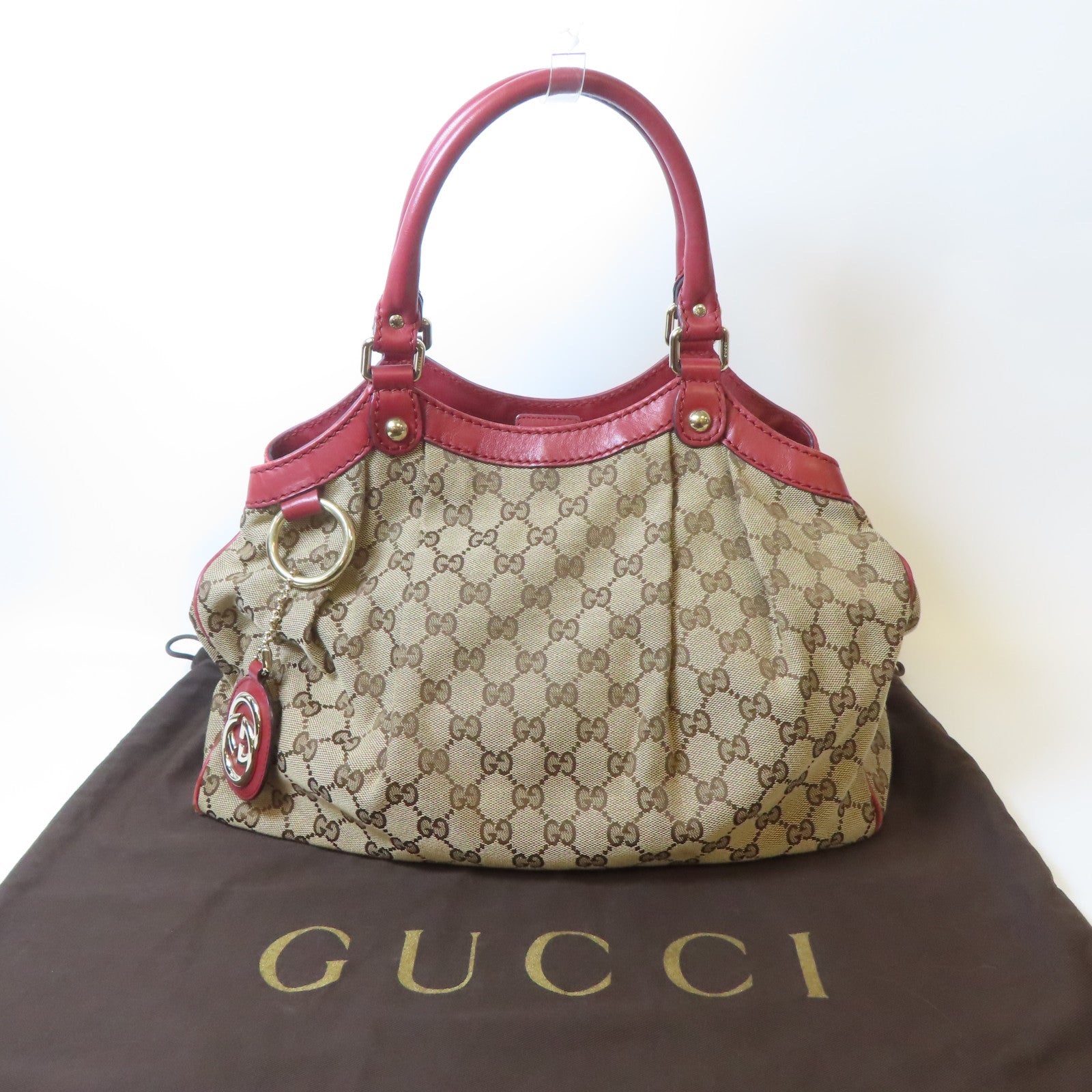 GUCCI 【激減優惠】帆布Sukey Shoulder Bag金扣肩背袋浅褐色/紅色