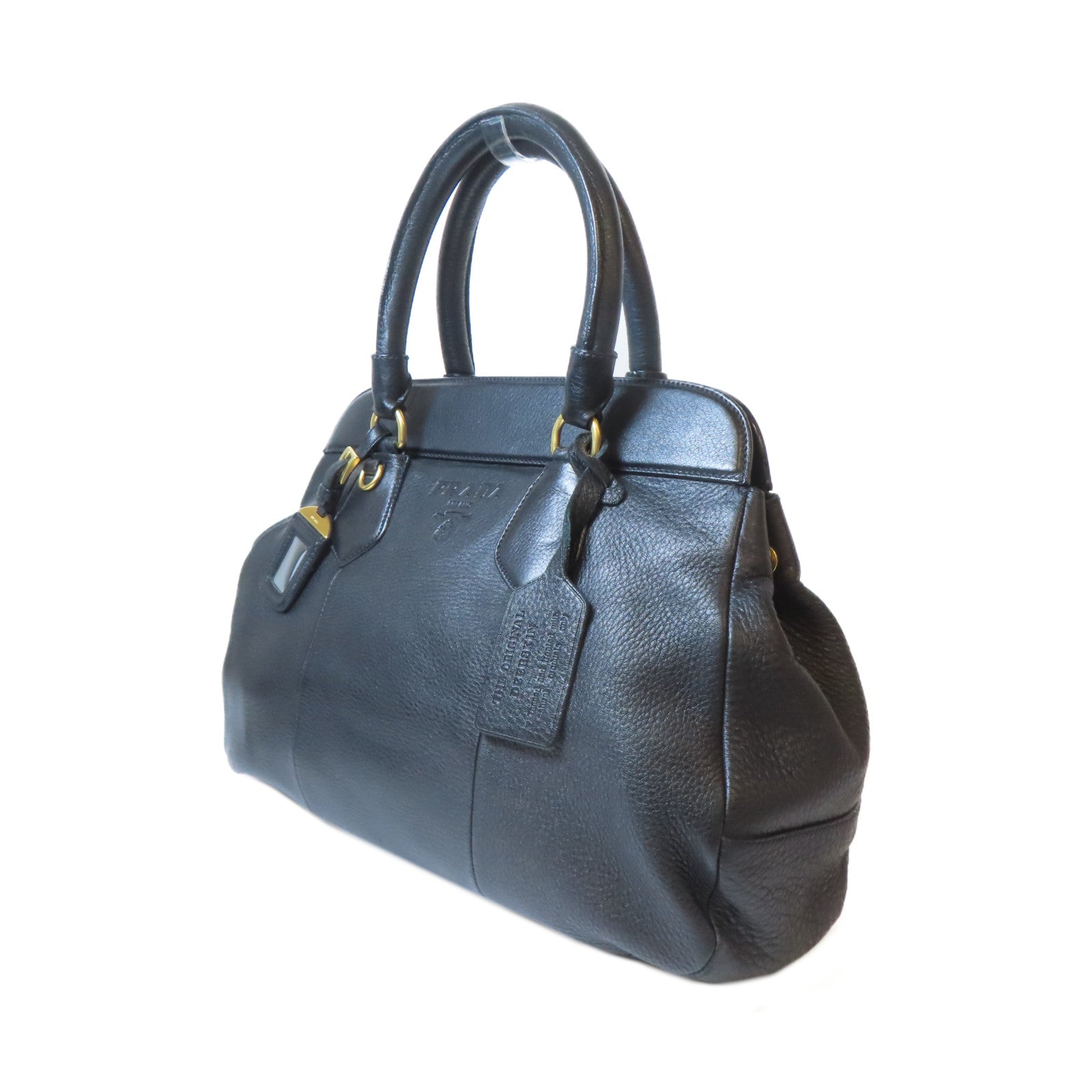 PRADA 【激減優惠】鹿皮皮革Handbag金扣手挽袋黑色