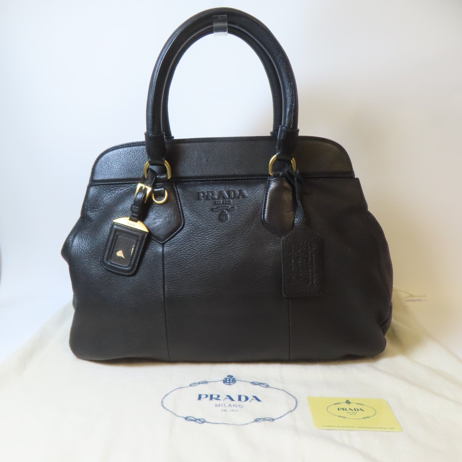 PRADA 【激減優惠】鹿皮皮革Handbag金扣手挽袋黑色