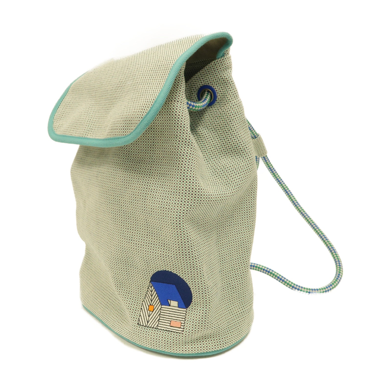 HERMES 布料Sac a dos Les Cabanes銀扣背包綠色