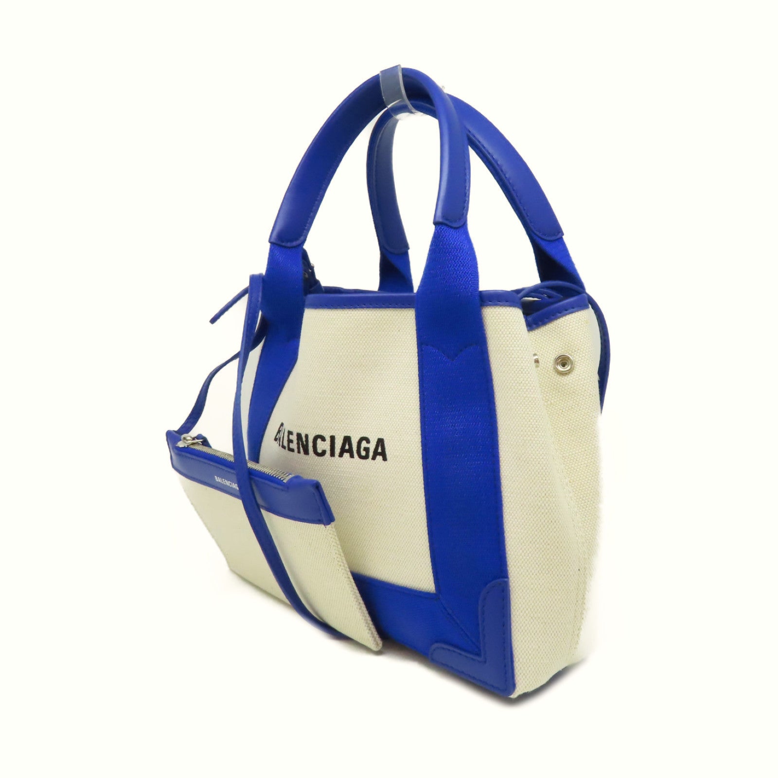BALENCIAGA 【激減優惠】帆布Cabas XS 2Way Shoulder Bag銀扣手挽肩背兩用袋藍色/米白色