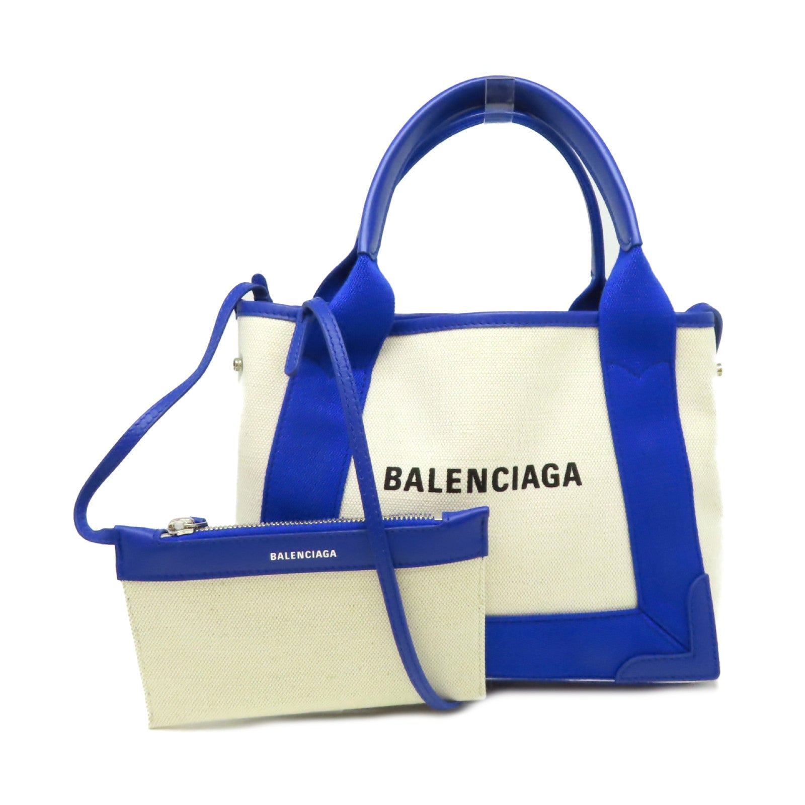 BALENCIAGA 【激減優惠】帆布Cabas XS 2Way Shoulder Bag銀扣手挽肩背兩用袋藍色/米白色