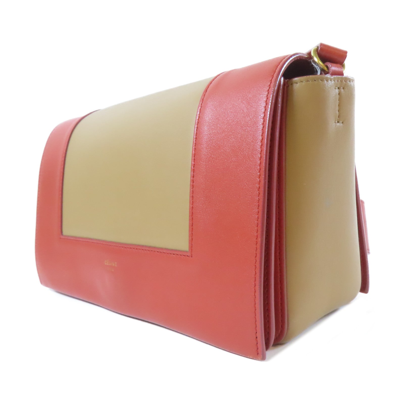 CELINE 【激減優惠】牛皮皮革Shoulder Bag金扣肩背袋啡色/橙紅色