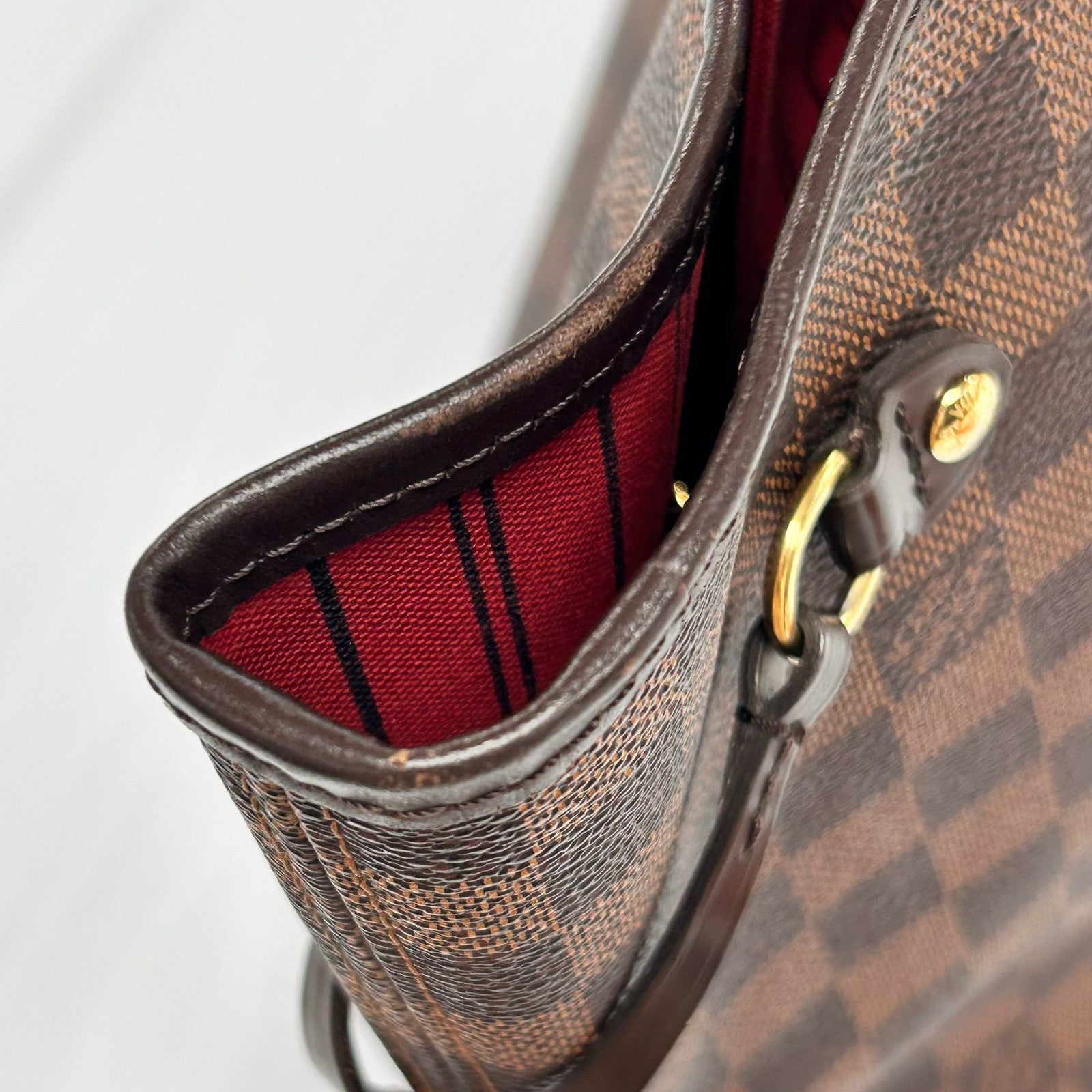 LOUIS VUITTON Damier Ebene Neverfull MM金扣手挽袋啡色
